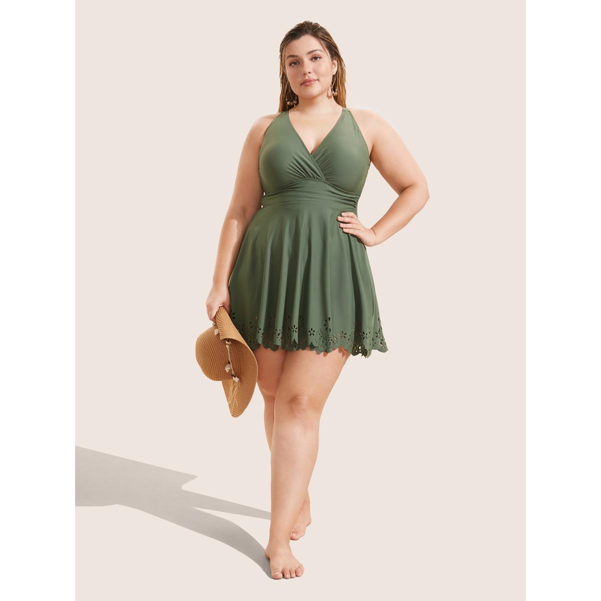 Plus Size Laser Cut Overlap Collar Bodycon Swim Dress Women's Swimwear ArmyGreen Beach Bodycon V-neck High stretch Curve Swim Dresses BloomChic 22-24/3X Product Image