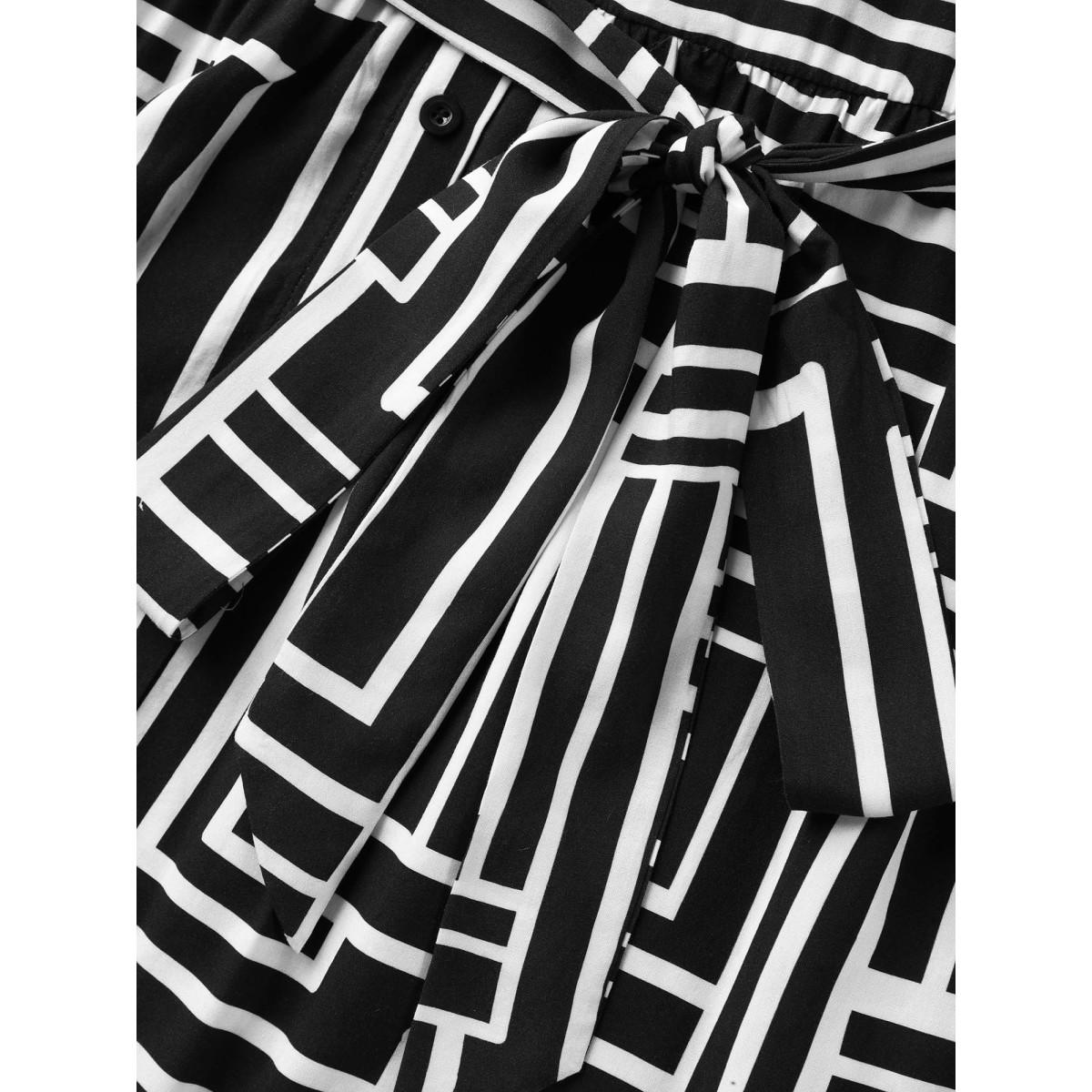 Plus Size Geometric Print Monochrome Shirt Dress Black Women Shirt collar Short sleeve Curvy BloomChic 14-16/1X Product Image