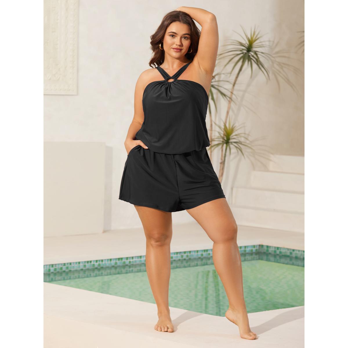 Plus Size Halter Neck Pockets Cinched One-Piece Swimsuit Women's Swimwear Eggplant Resort Cut-Out Curve Bathing Suits High stretch One Pieces BloomChic 14-16/1X Product Image