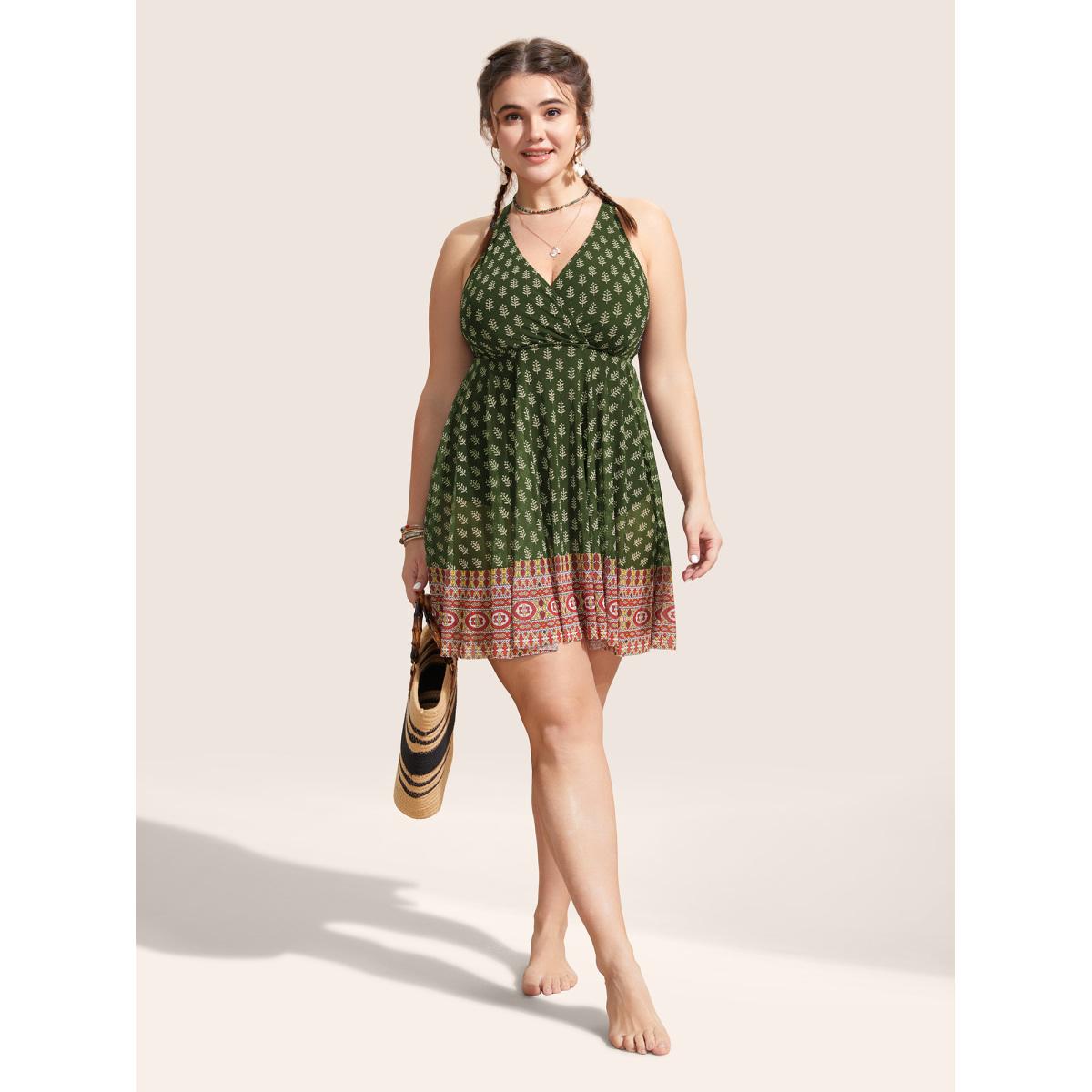 Plus Size Overlap Collar Boho Print Patchwork Swim Dress Women's Swimwear ArmyGreen Beach Bodycon Overlap Collar High stretch Curve Swim Dresses BloomChic 18-20/2X Product Image