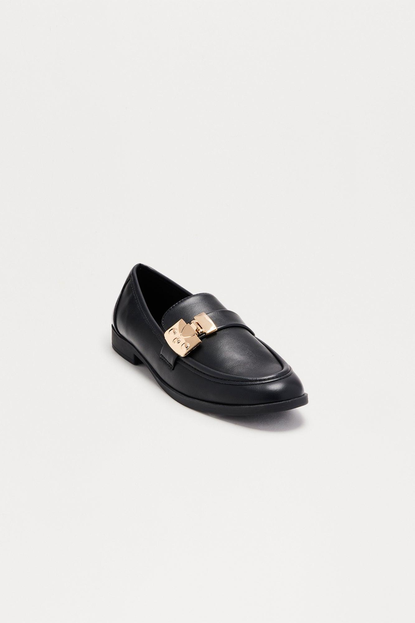Junia Buckle Faux Patent Loafers - Black Female Product Image