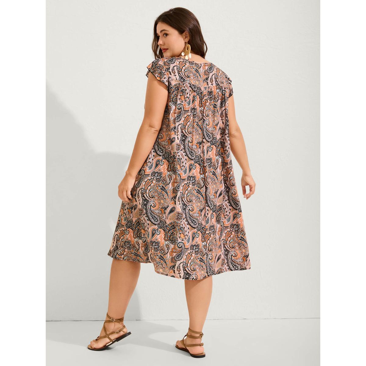 Plus Size Rayon Paisley Print Neck Tie Midi Dress Multicolor Women Boho Square Neck Cap Sleeve Curvy BloomChic 12/L Product Image