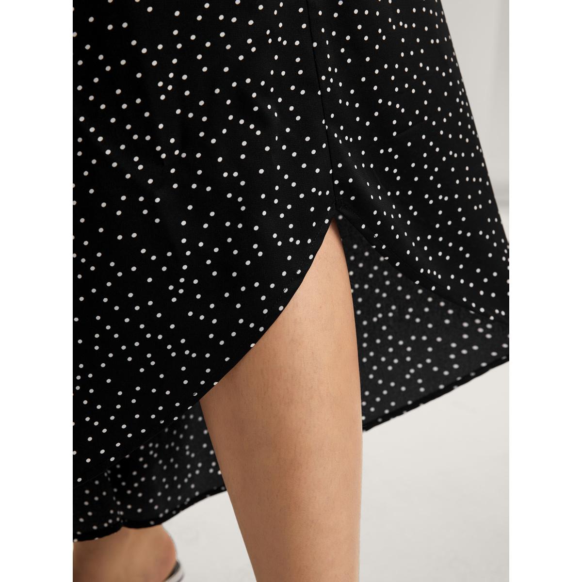 Plus Size Little Dots Asymmetrical Hem Slit Pants Women Black Elegant Wide Leg Mid Rise Everyday-Elegant Pants BloomChic 22-24/3X Product Image