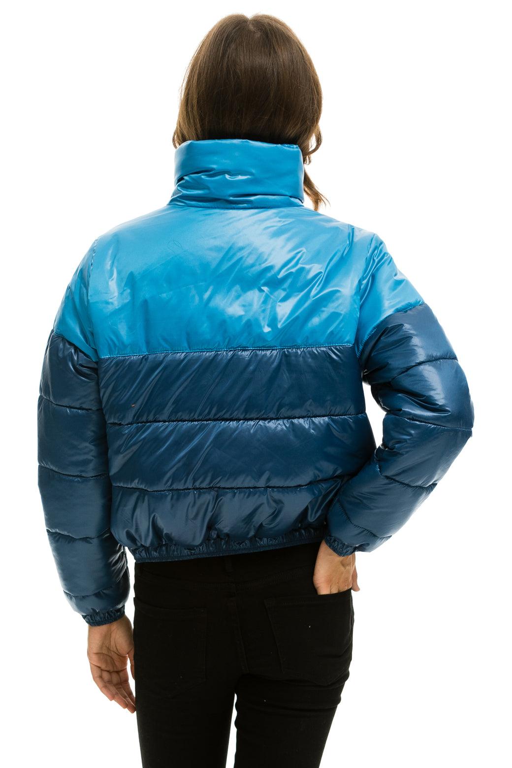 COLOR BLOCK HALF AND HALF APRES PUFFER JACKET - OCEAN GLOSSY Female Product Image