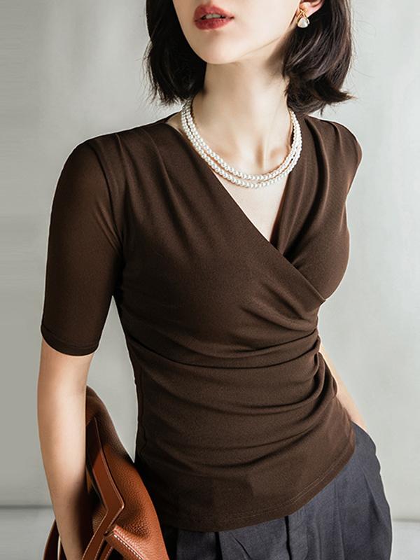 Half Sleeves Skinny Pleated Solid Color V-Neck T-Shirts Tops Product Image