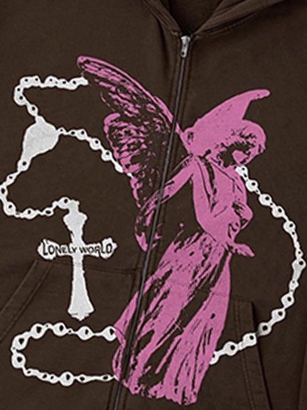 Oversized Angel World Graphic Zip Up Hoodie Product Image