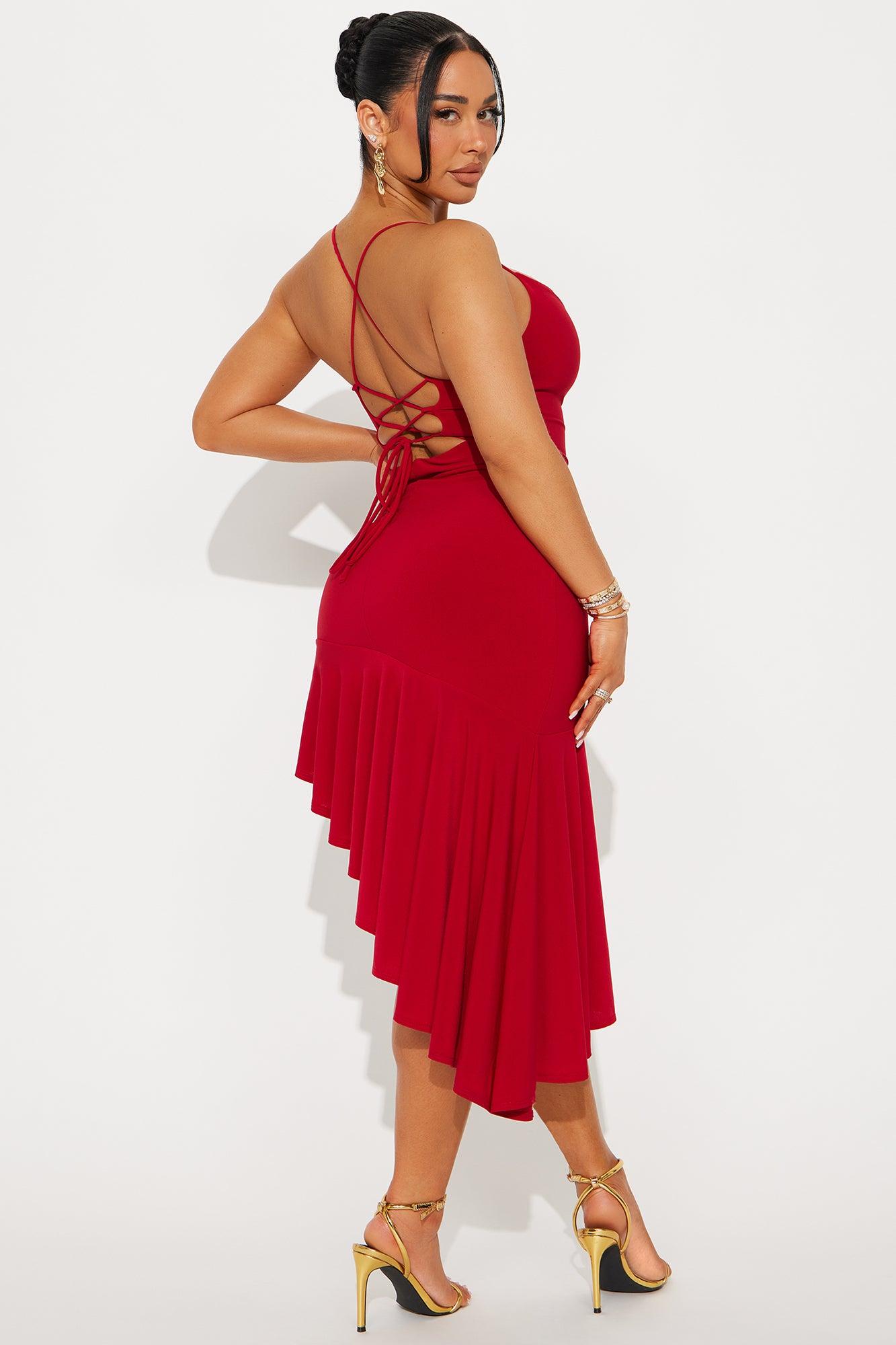 Lovingly Yours Asymmetrical Midi Dress - Red Product Image
