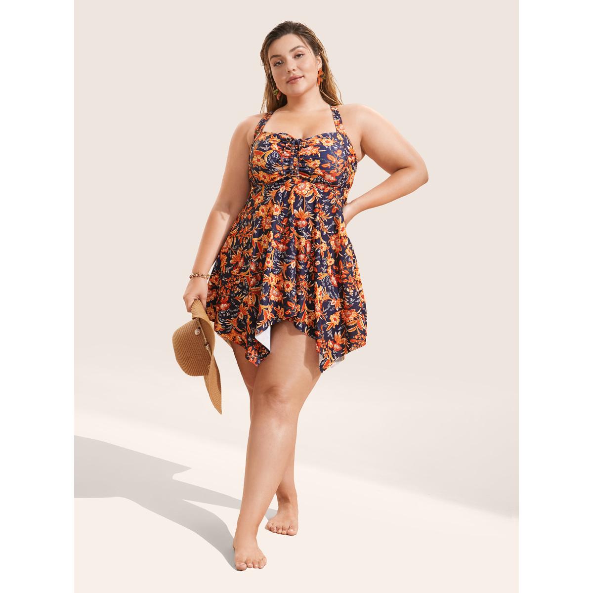 Plus Size Bandana Print Knotted Asymmetrical Hem Swim Dress Women's Swimwear DarkBlue Beach Bodycon Non High stretch Curve Swim Dresses BloomChic 10/M Product Image