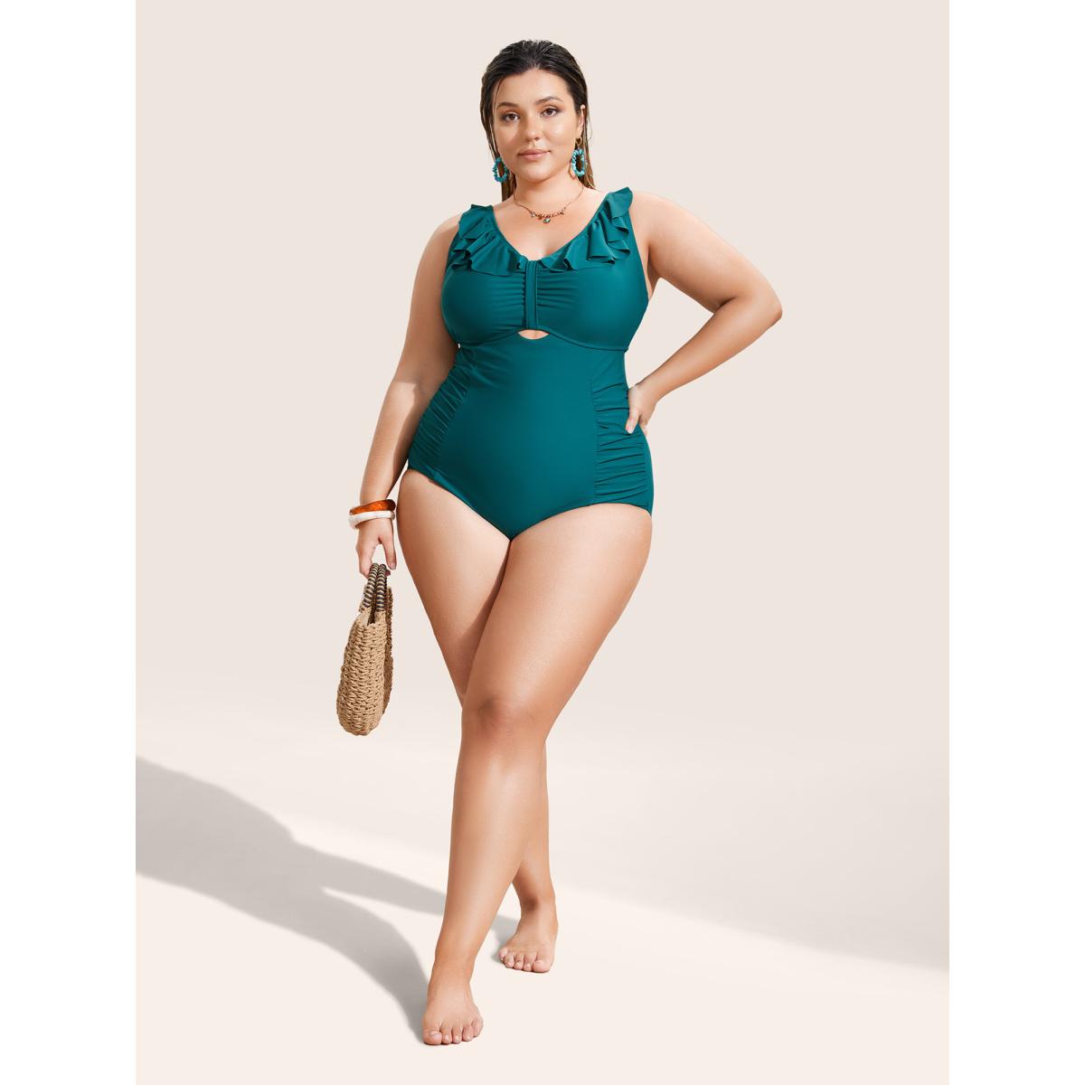 Plus Size Solid Cut Out Ruffle Trim One Piece Swimsuit Women's Swimwear Cyan Beach Gathered Curve Bathing Suits High stretch One Pieces BloomChic 10/M Product Image