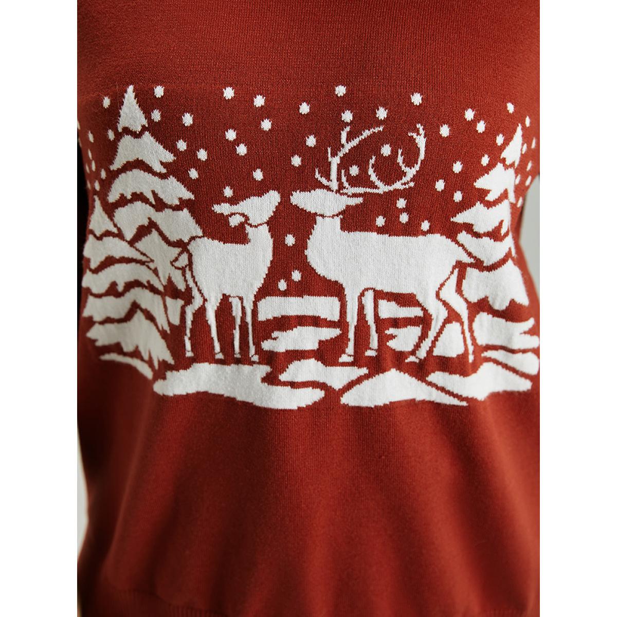 Plus Size Anti-Pilling Christmas Trees & Elk Print Pullover Rust Women Casual Loose Long Sleeve V-neck Festival-Christmas Pullovers BloomChic 28/5X Product Image