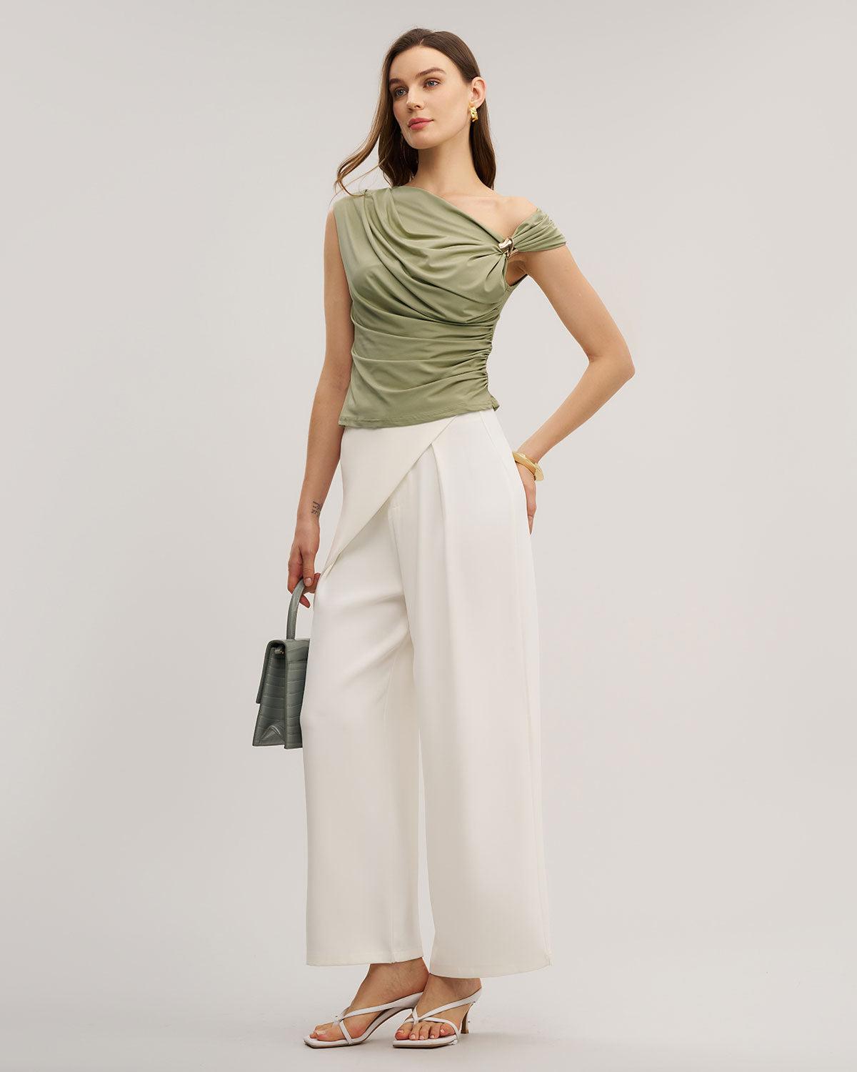 Green Cowl Neck Ruched Tee Product Image
