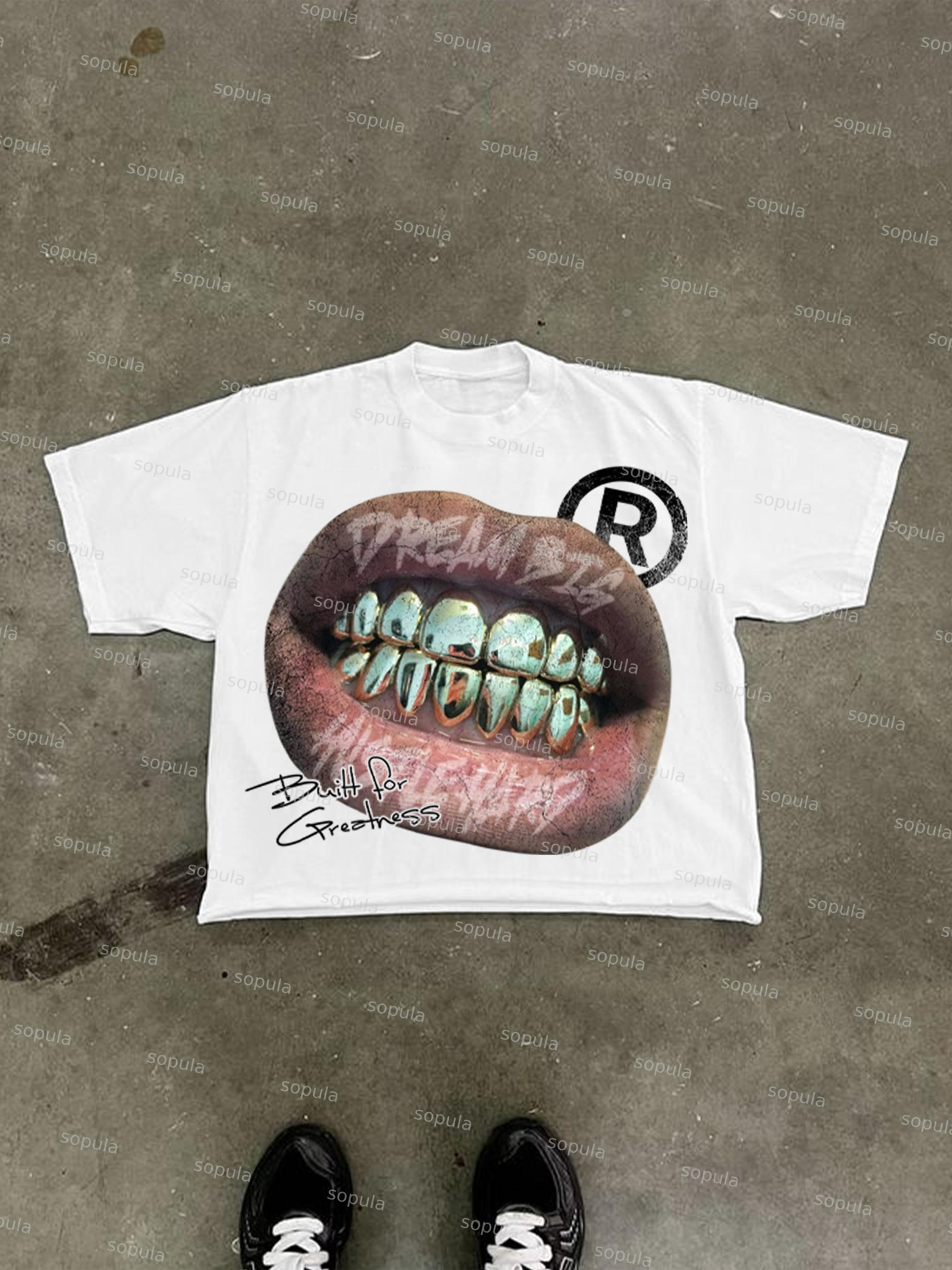 Street Metal Braces Vintage Lips Graphic Cropped T-shirt Product Image