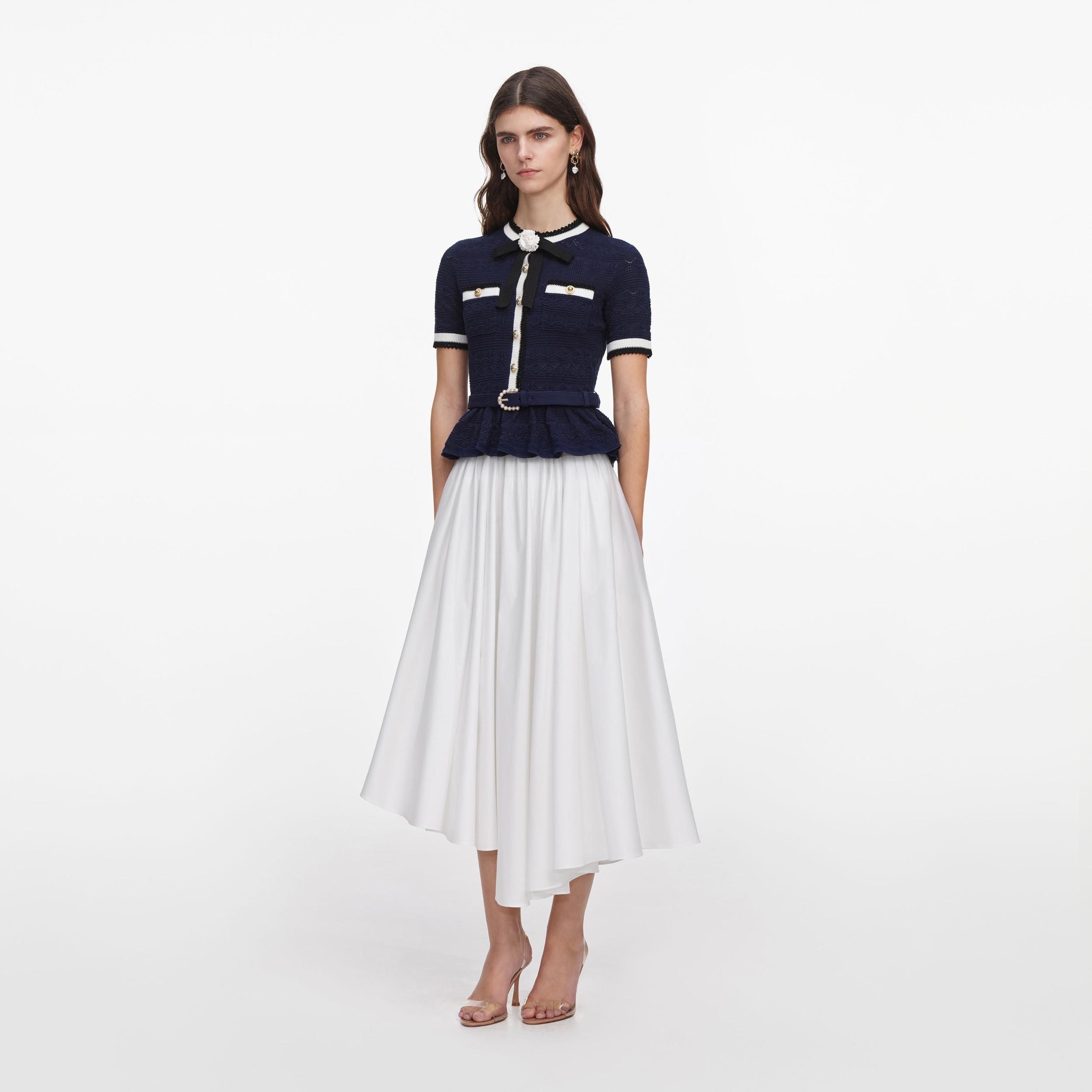 Navy Peplum Pointelle Knit Top Product Image