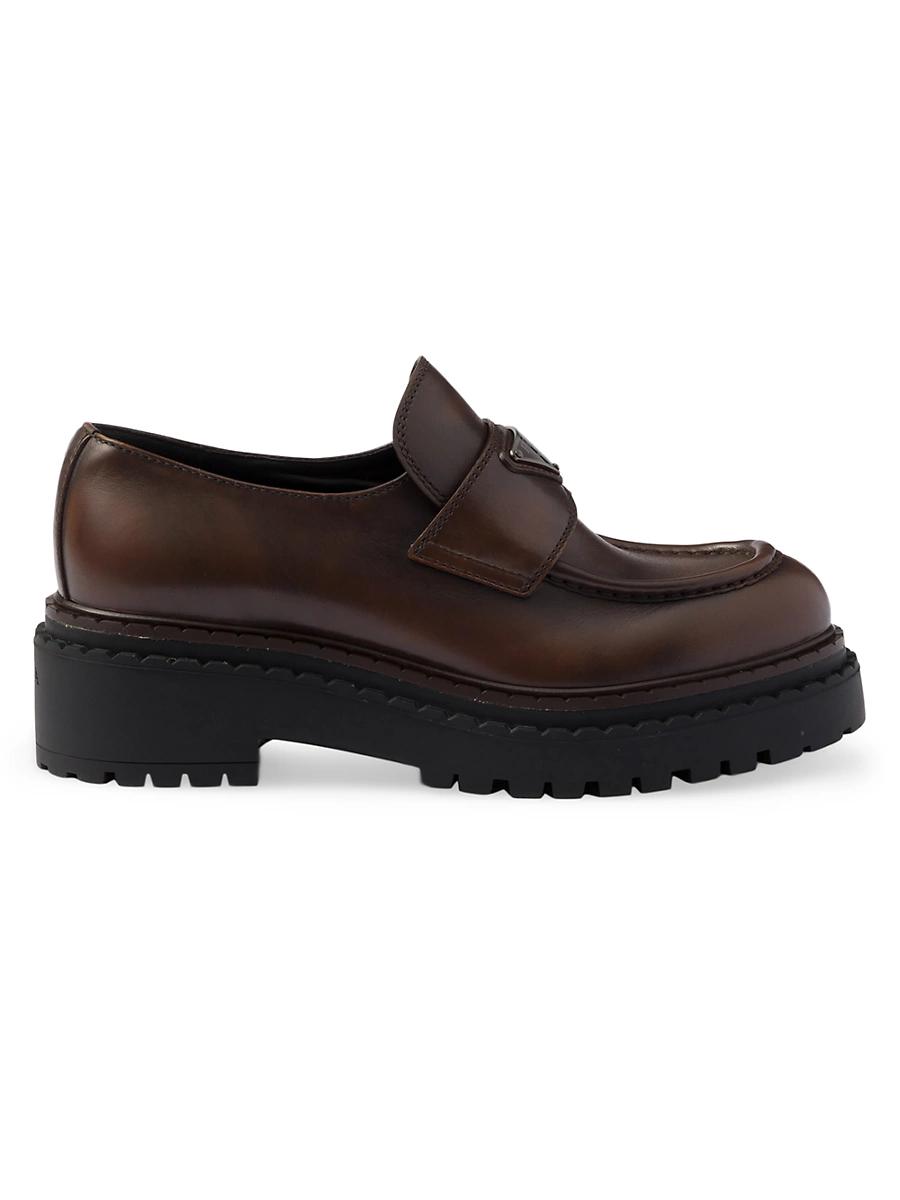 Prada Womens Double Chocolate Leather Loafers Product Image