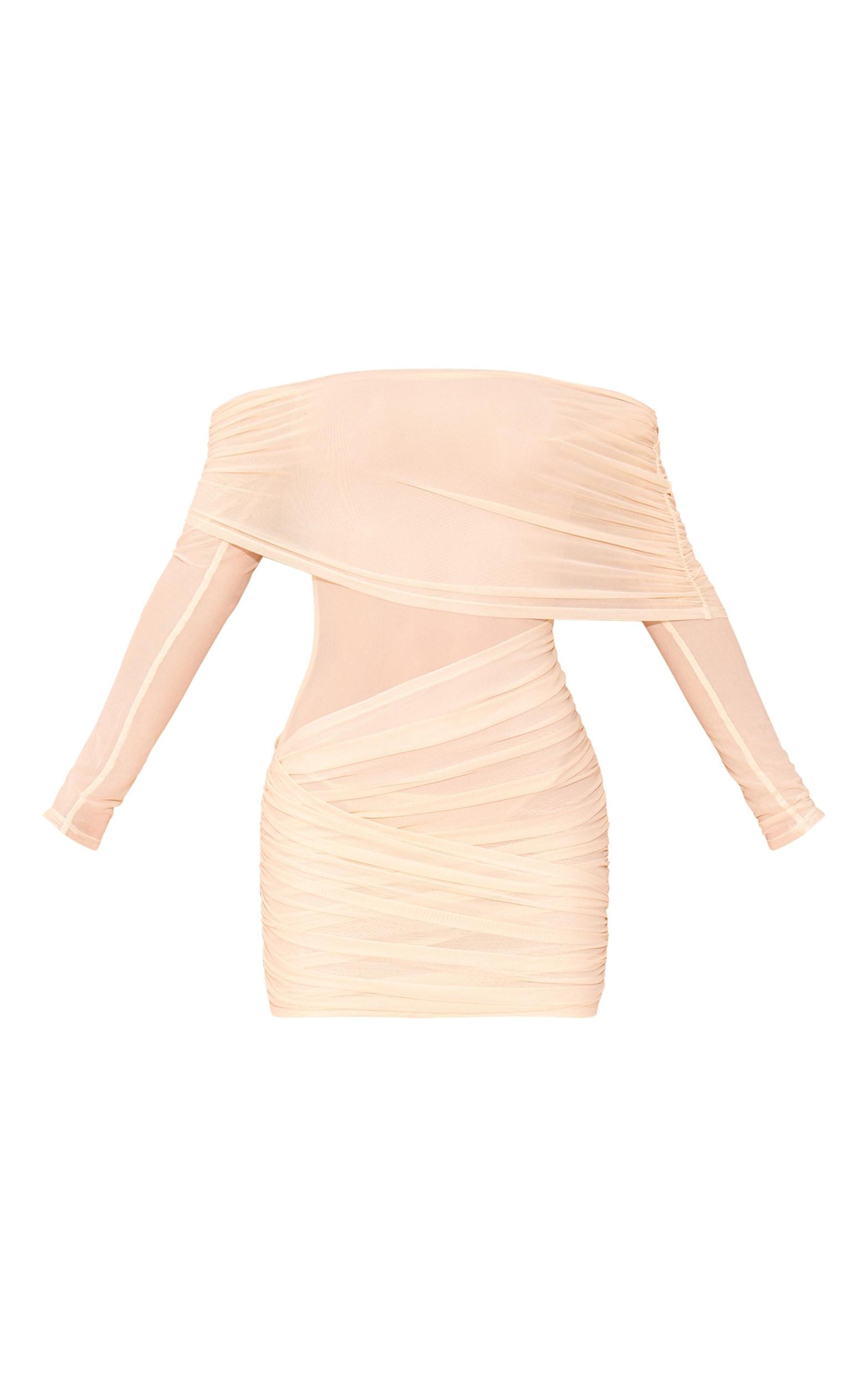 Cream Mesh Long Sleeve One Shoulder Bodycon Dress Product Image