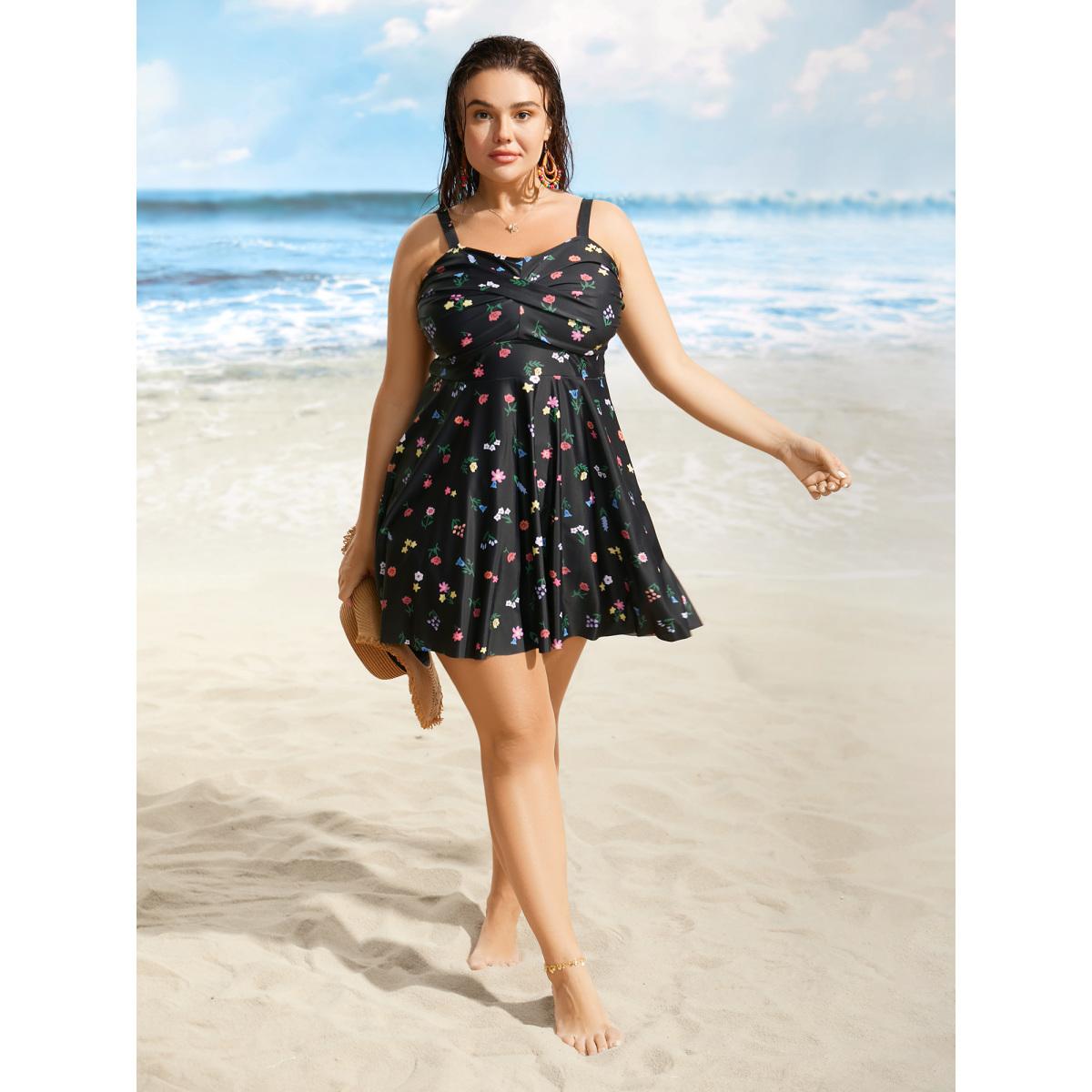 Plus Size Heart Neckline Floral Twist Front Swim Dress Women's Swimwear Black Beach Bodycon Heart neckline High stretch Curve Swim Dresses BloomChic 22-24/3X Product Image