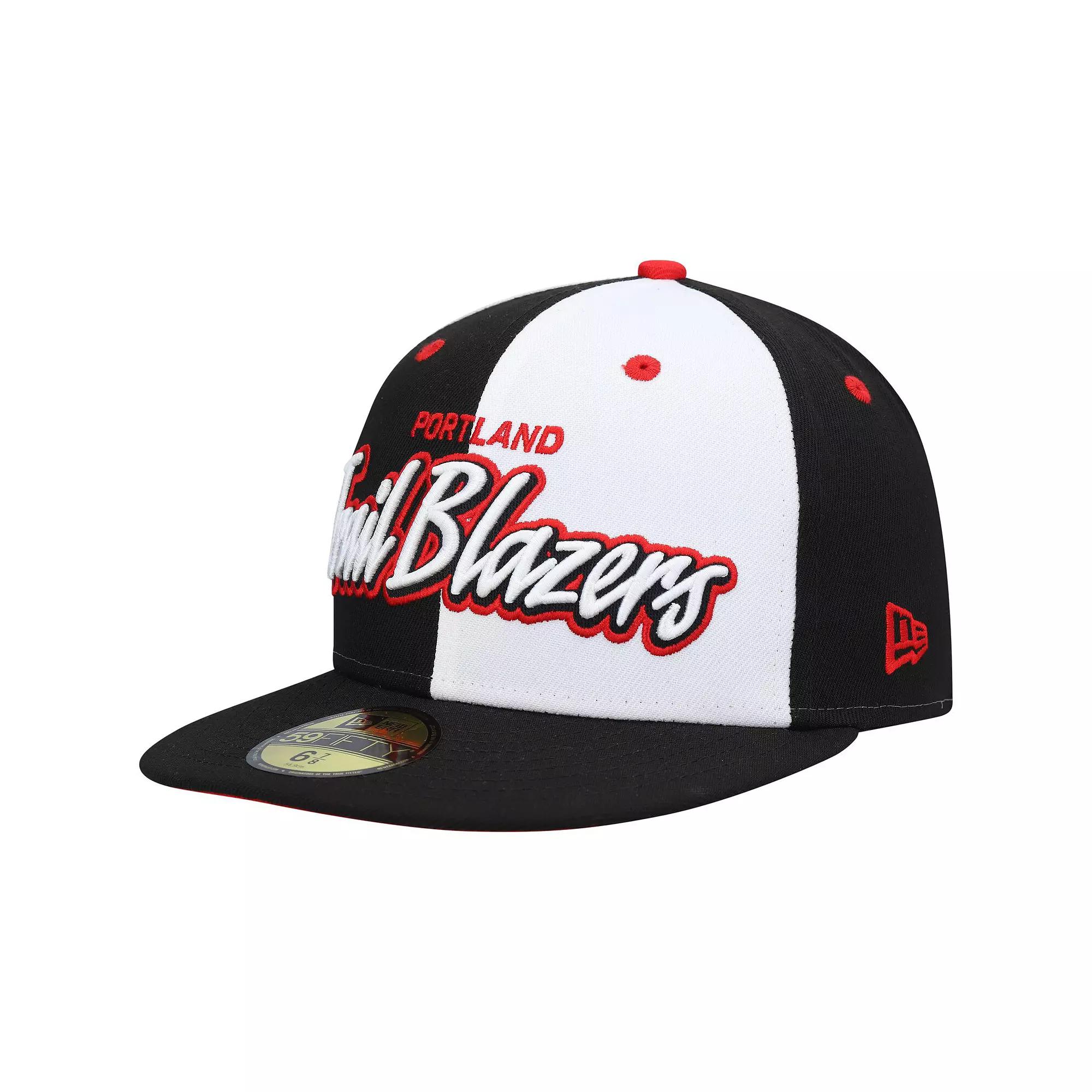 Men's New Era Black/White Portland Trail Blazers Script Pinwheel 59FIFTY Fitted Hat, Size: 7 1/2 Product Image