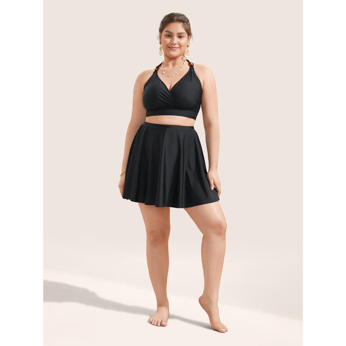 Plus Size Solid Pocket Ruffles Swim Skirt Women's Swimwear Black Resort Non High stretch Bodycon High Rise Slanted pocket Curve Swim Bottoms BloomChic 10/M Product Image