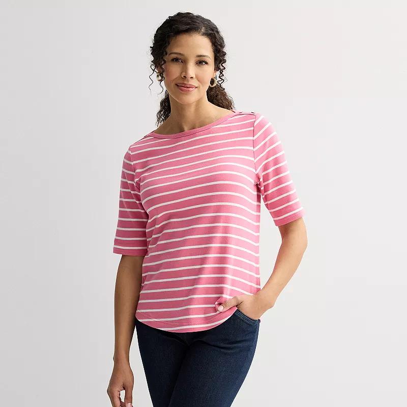 Women's Croft & Barrow® Binded Neck Bateau Elbow Sleeve T-Shirt, Size: Small, Pink White Stripe Product Image