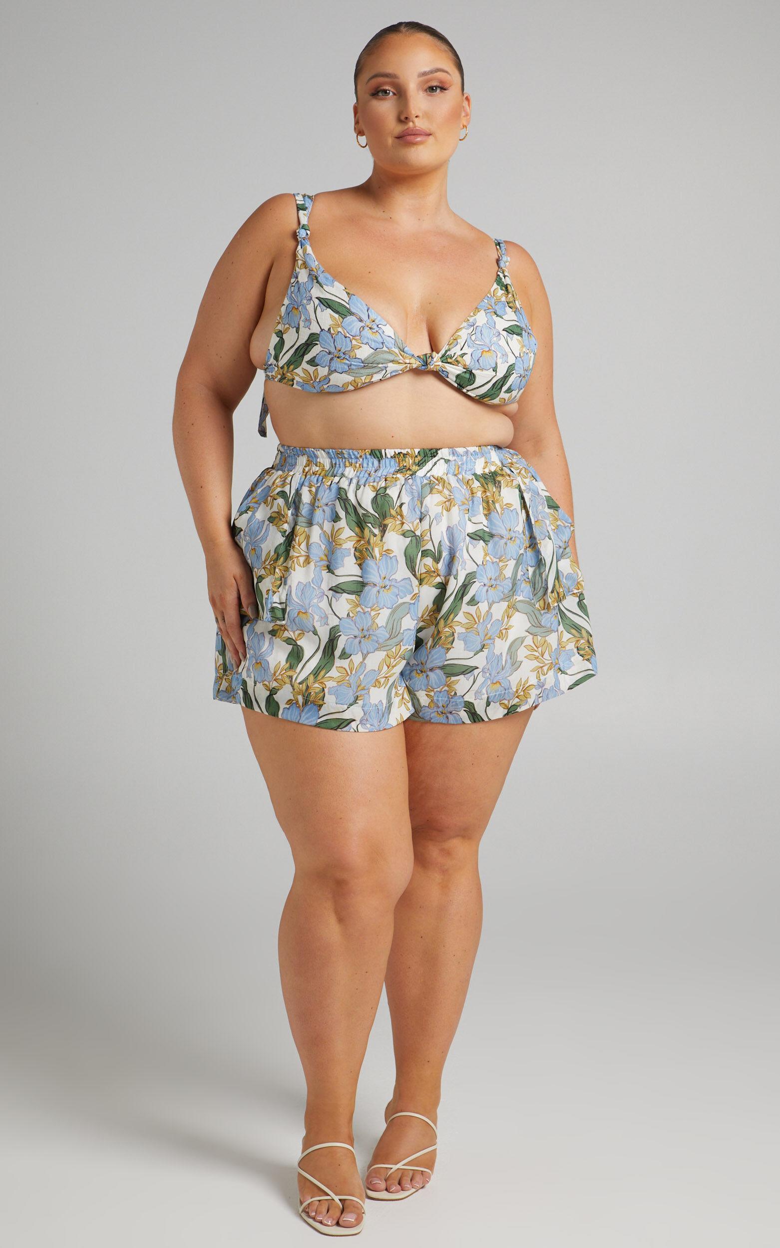 Amalie The Label - Linen Estella Elastic Waist Relaxed Shorts in Iris Floral Product Image