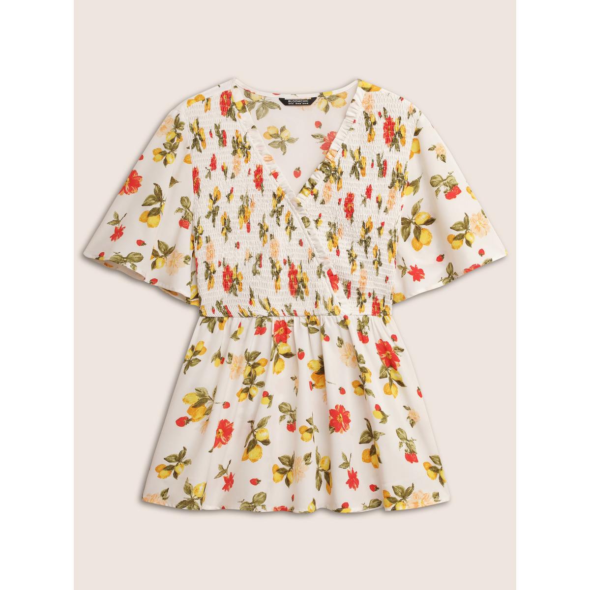 Plus Size Ivory Citrus Lemon Print Elastic Waist Shirred Wrap Ruffles Blouse Women Elegant Short sleeve Overlap Collar Everyday Blouses BloomChic 22-24/3X Product Image