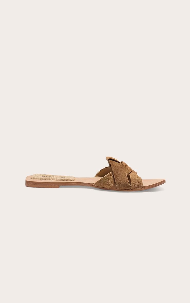 Beige Faux Suede Round Toe Flat Mule Sandals Product Image