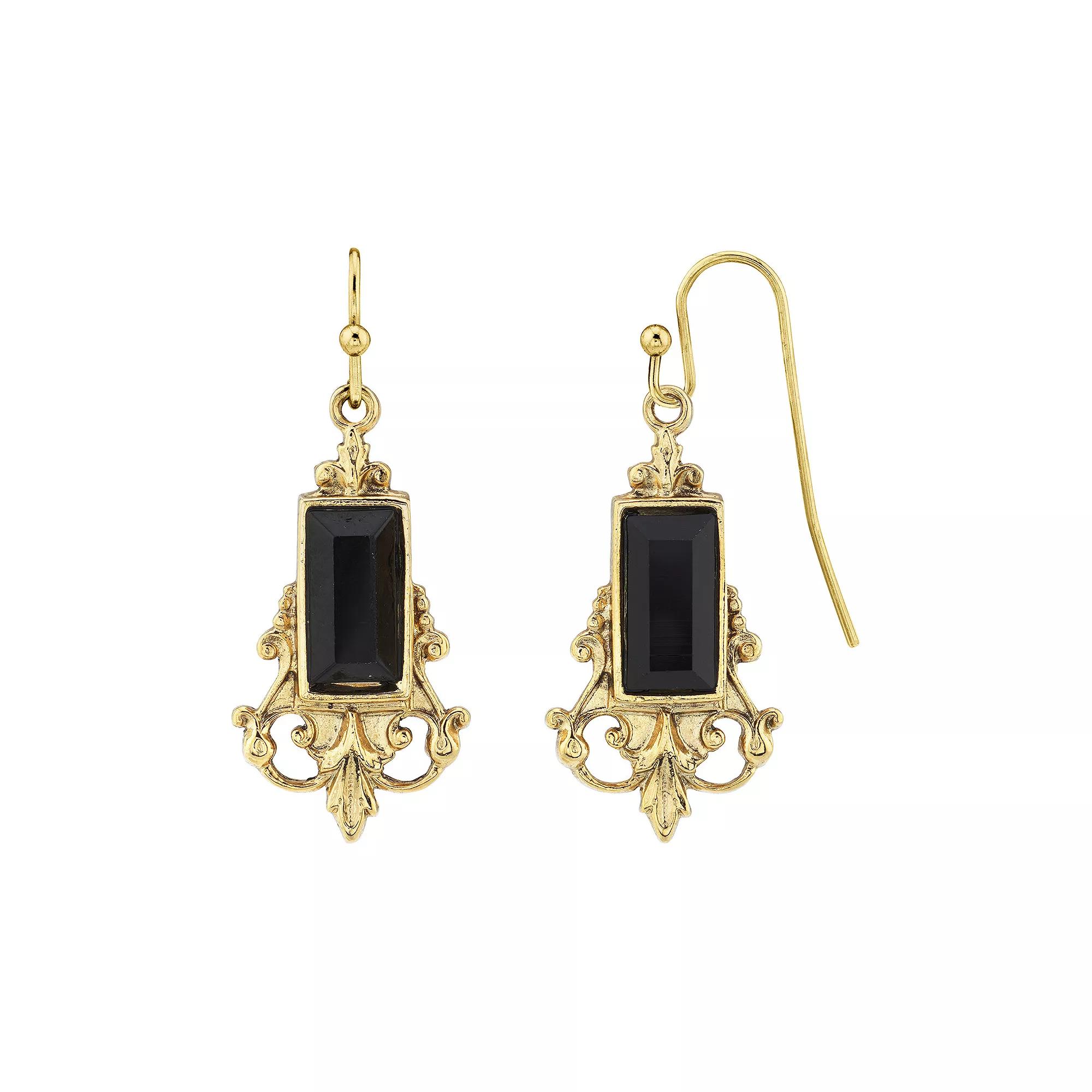 1928 Gold-Tone Black Drop Earrings, Womens Product Image
