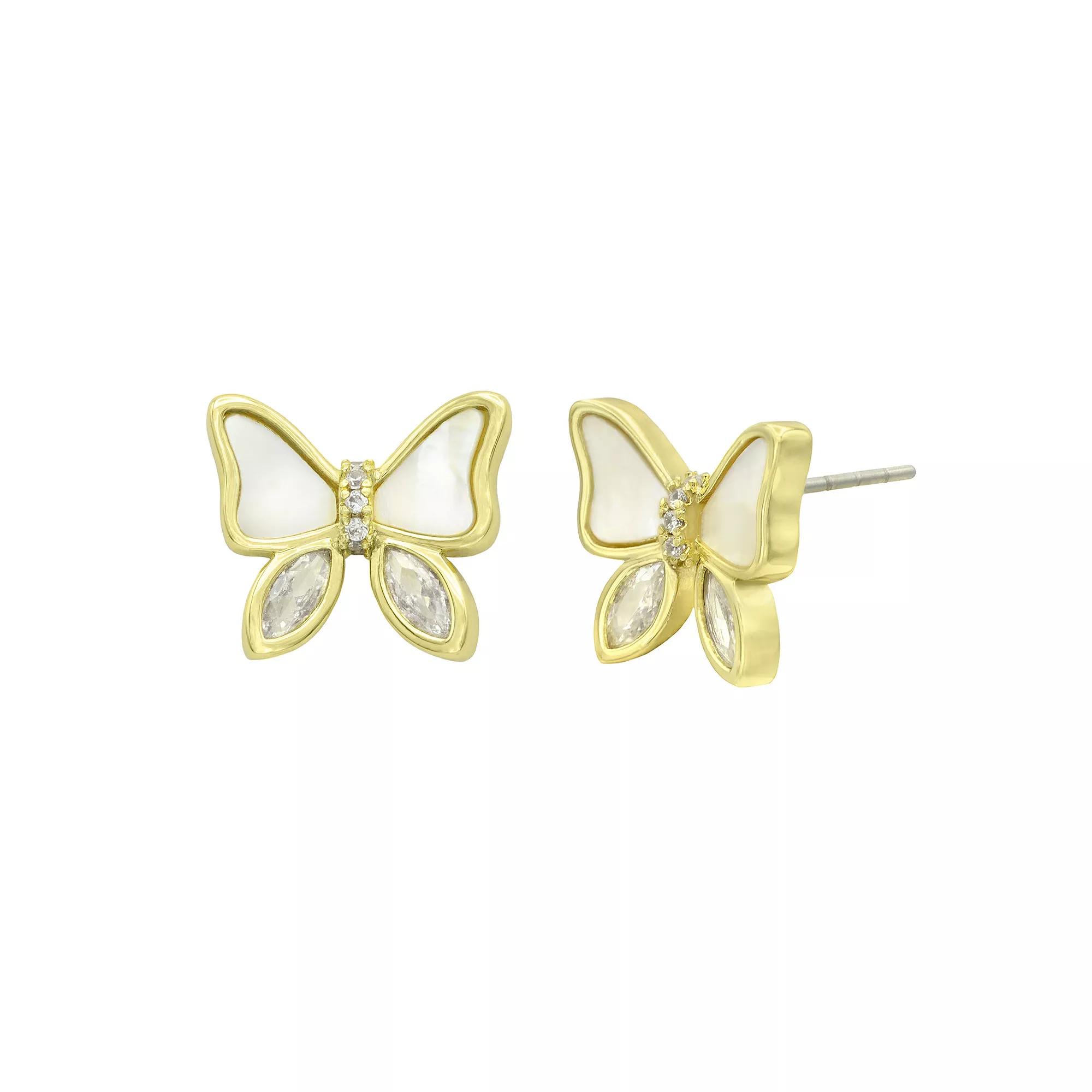 City Luxe Gold Tone Mother Of Pearl & Cubic Zirconia Butterfly Stud Earrings, Women's, Gold Tone Mop Product Image