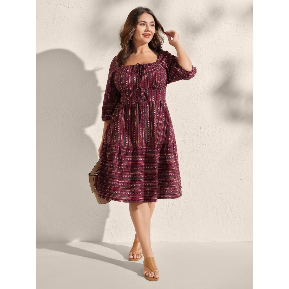 Plus Size Fall Stripes Cinched-Waist Tie Midi Dress Burgundy Women Boho Tie knot Square Neck Elbow-length sleeve Curvy BloomChic 12/L Product Image