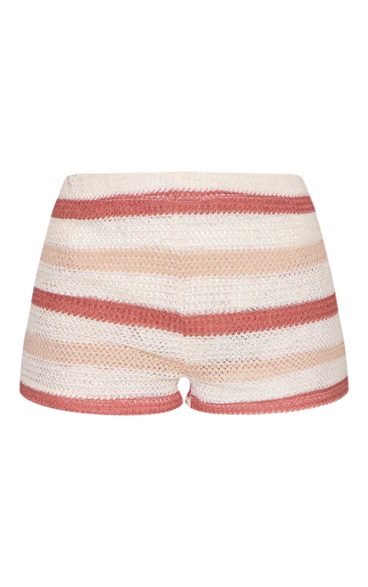 Beige Textured Striped Shorts Product Image