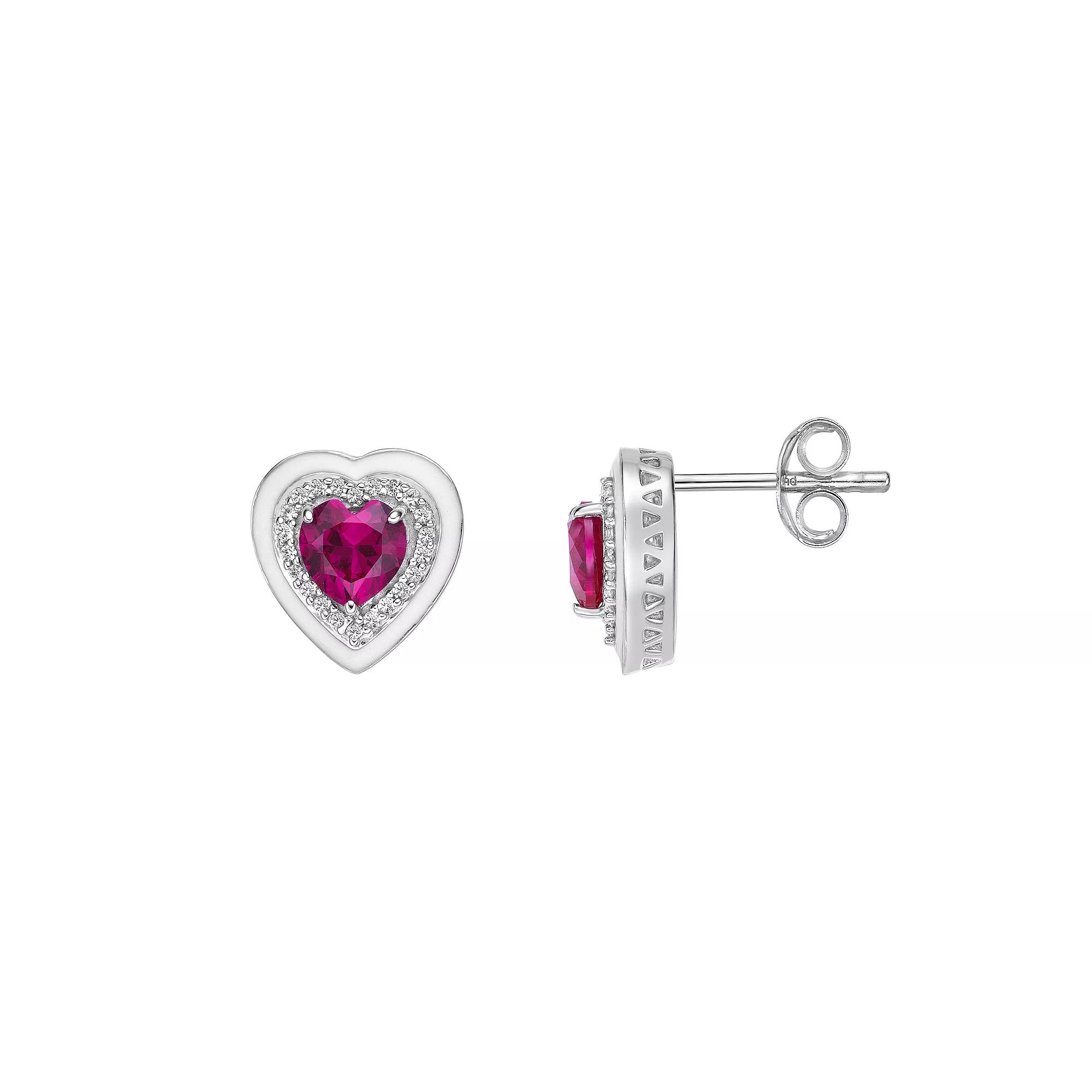 Gemminded Lab-Created Ruby & Lab-Created White Sapphire Heart Stud Earrings, Women's, Sterling Product Image