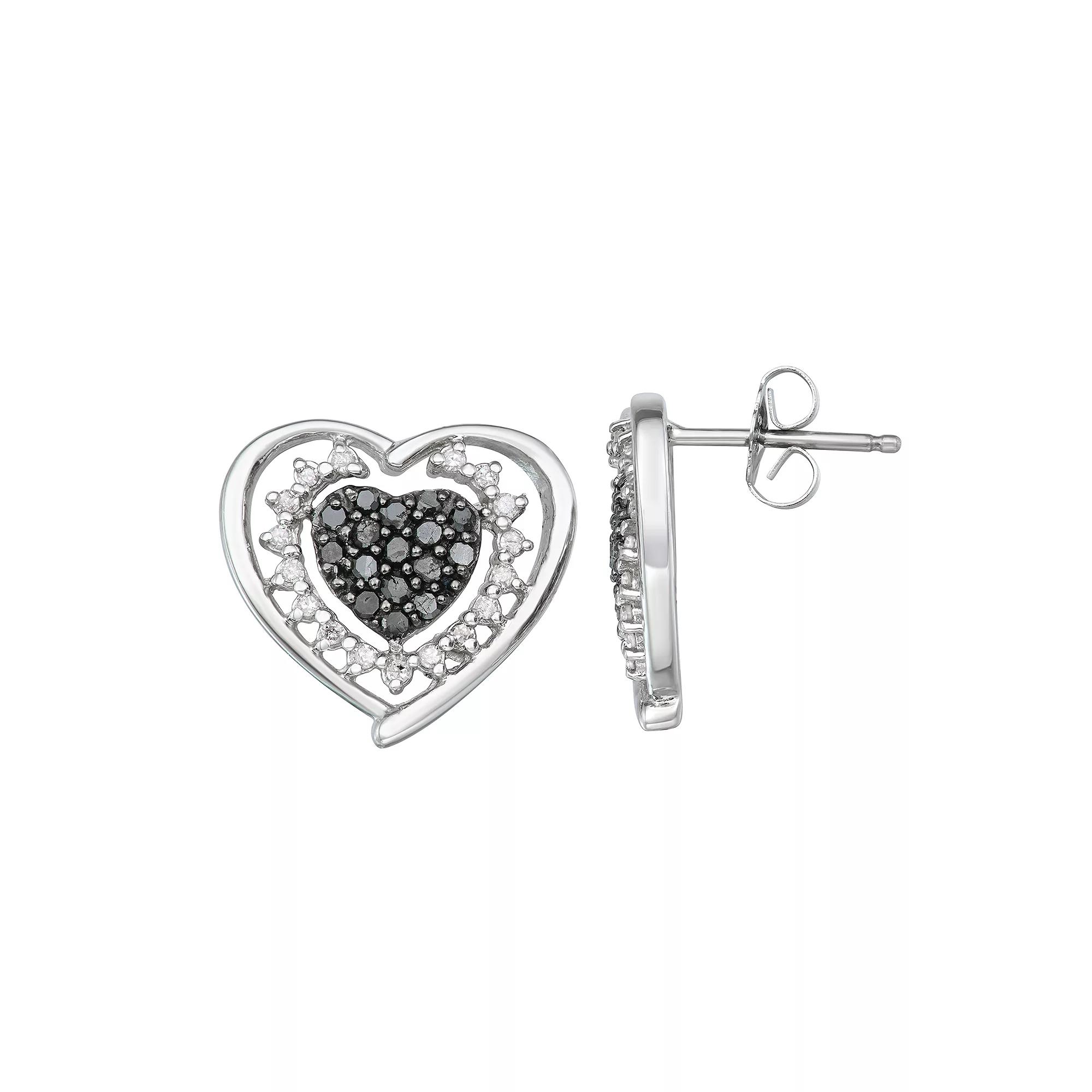 Jewelexcess Sterling Silver 1/2 Carat Black & White Diamond Heart Stud Earrings, Women's Product Image