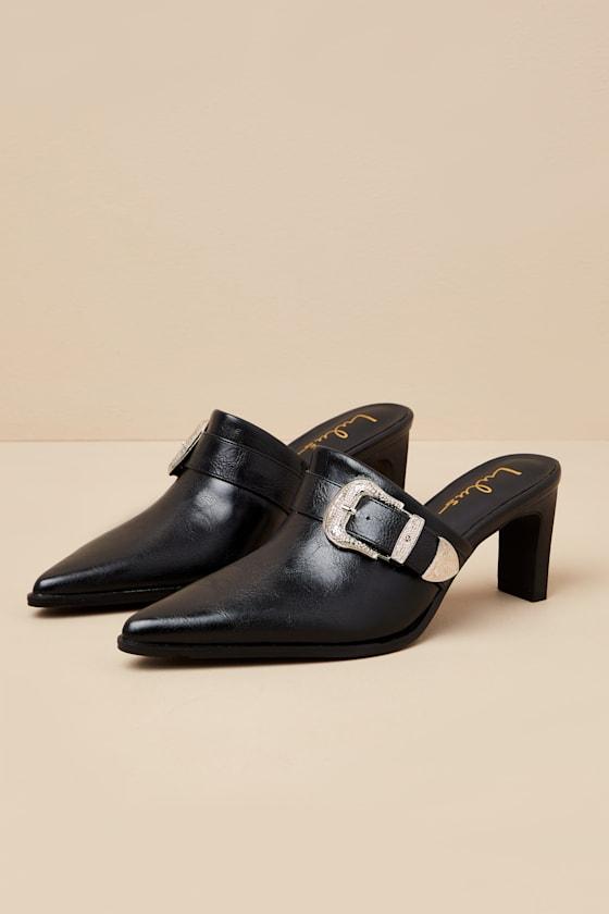 Isabetta Black Pointed-Toe Buckle Mules Product Image