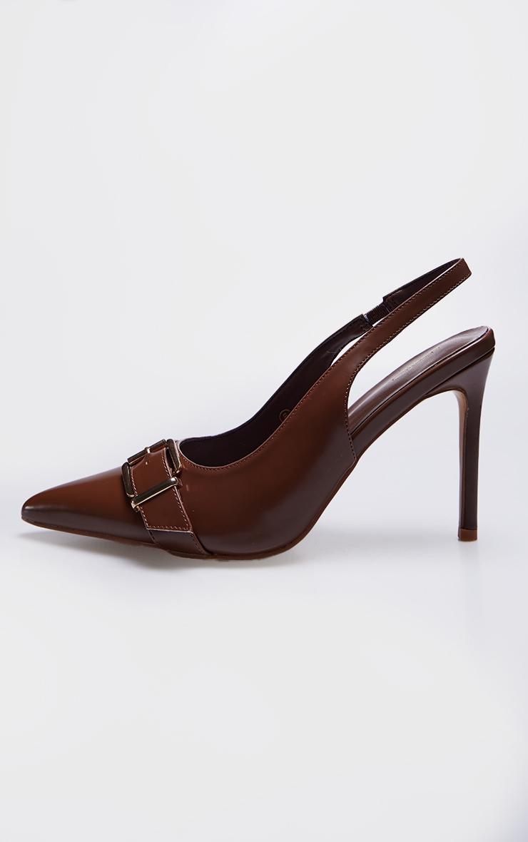 Brown PU Wide Fit Buckle Detail Stiletto High Heel Sling Back Court Heels Product Image