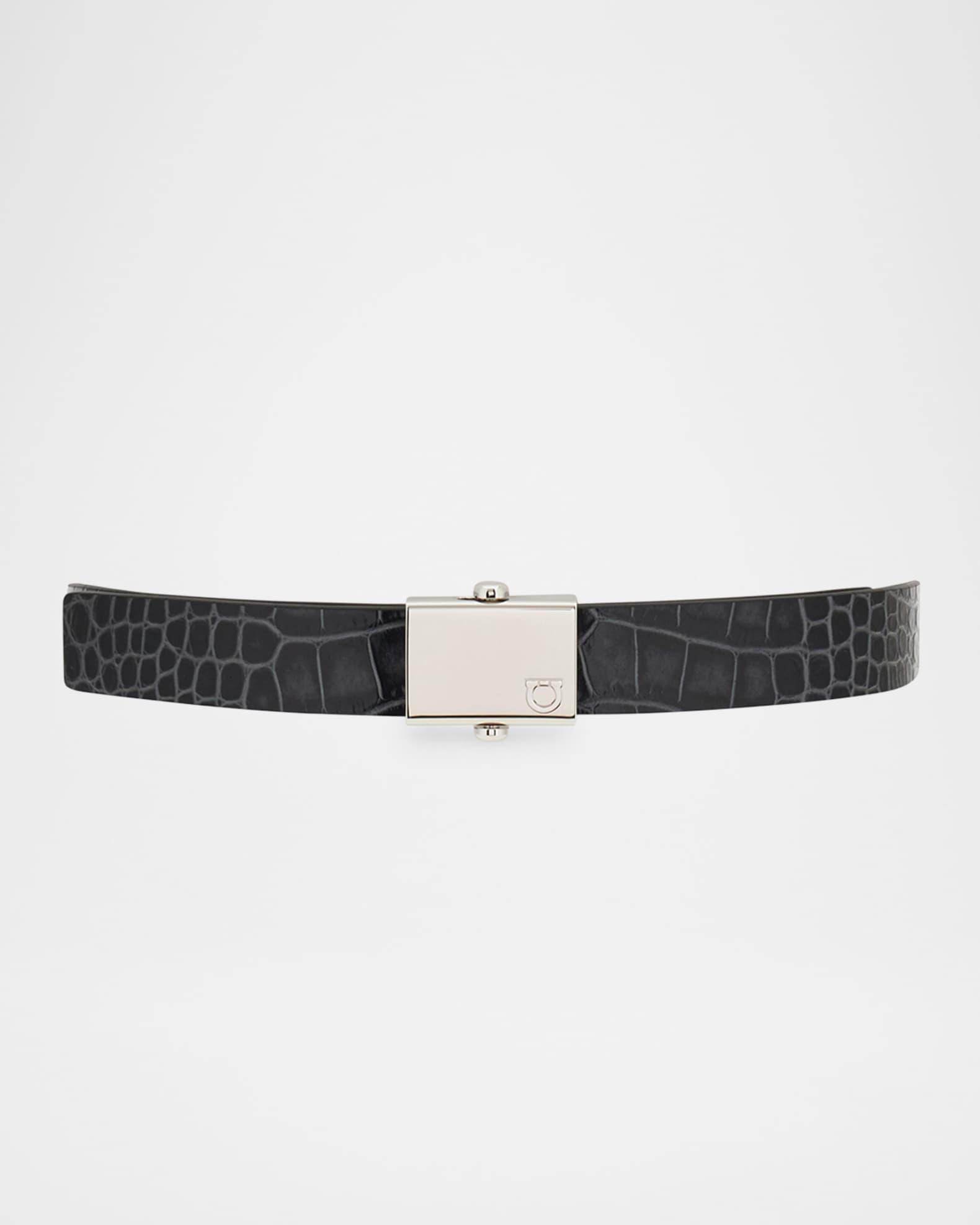 Mens Square-Buckle Reversible Croc-Effect Leather Belt Product Image