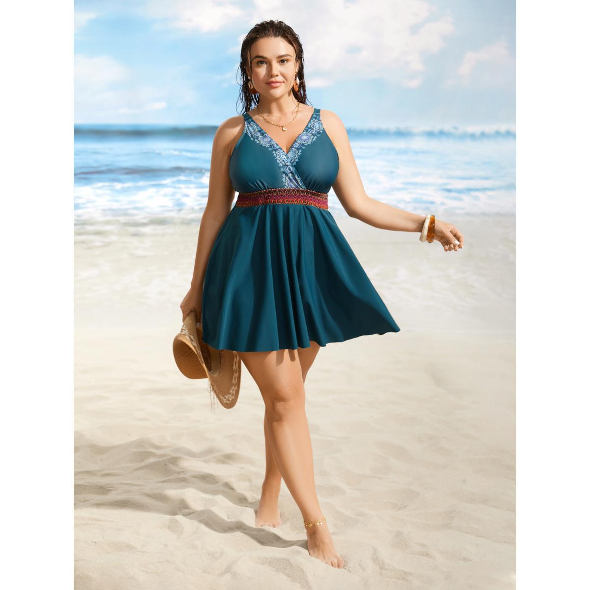 Plus Size Overlap Collar Bandana Print Contrast Webbing Swim Dress Women's Swimwear Cyan Beach Bodycon Overlap Collar High stretch Curve Swim Dresses BloomChic 22-24/3X Product Image