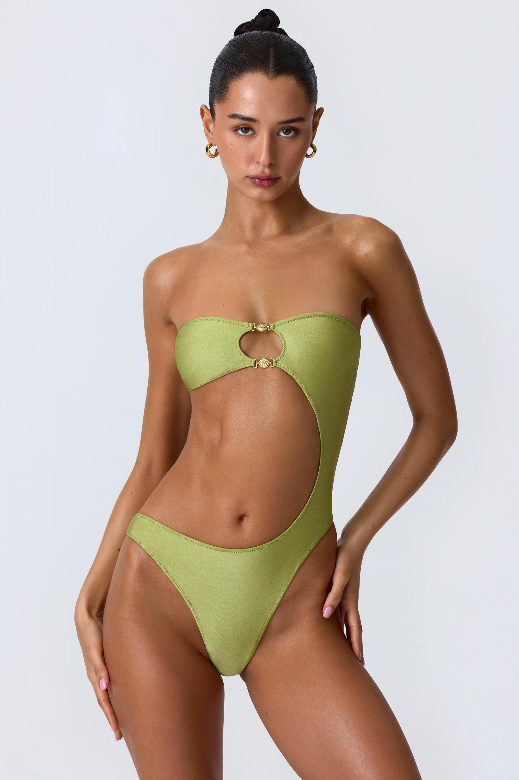 Bead-Embellished Cut-Out Bandeau Swimsuit in Pear Green Product Image