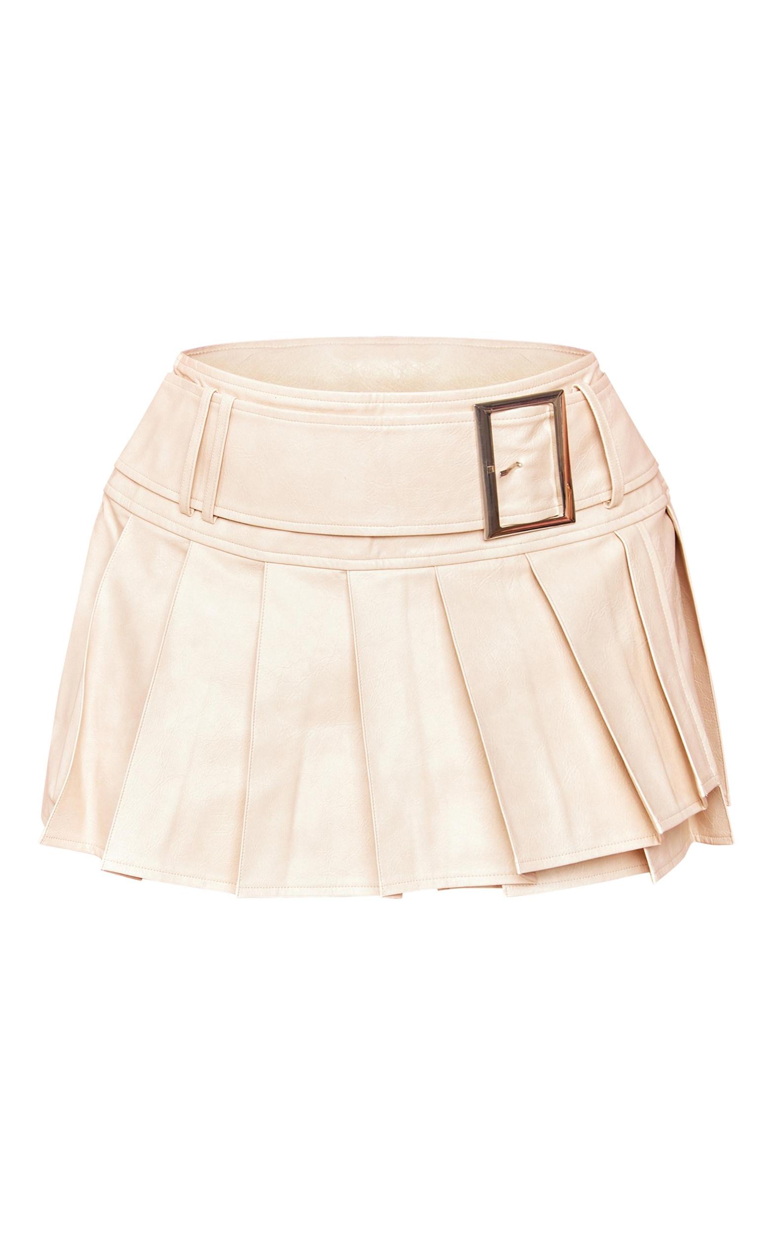 Shape Cream Faux Leather Pleated Belted Micro Mini Skirt Product Image