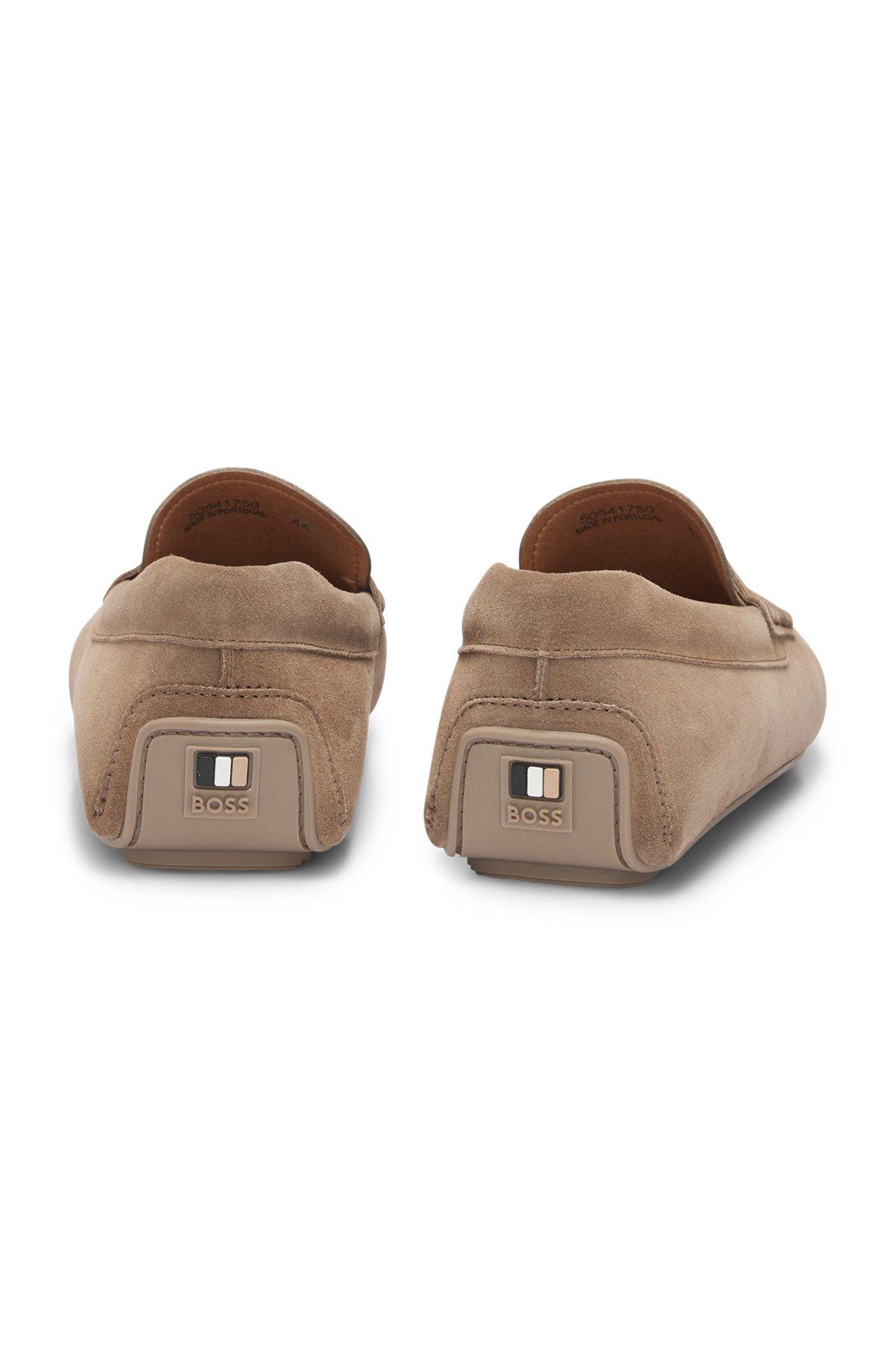 BOSS - Portuguese-crafted moccasin loafers in suede with penny trim - Beige Product Image