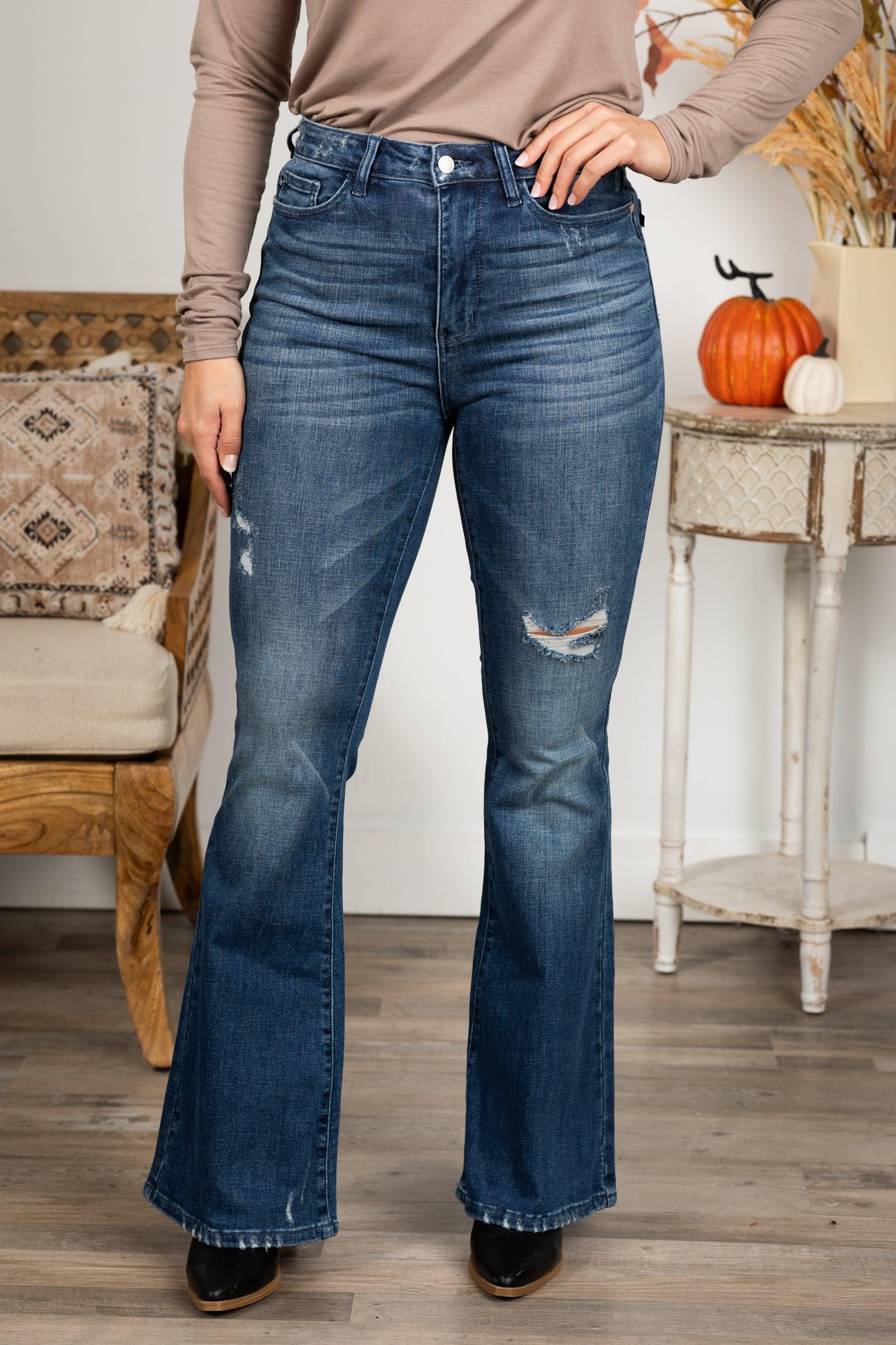 Judy Blue Dark Contrast Distress Flare Jeans Product Image