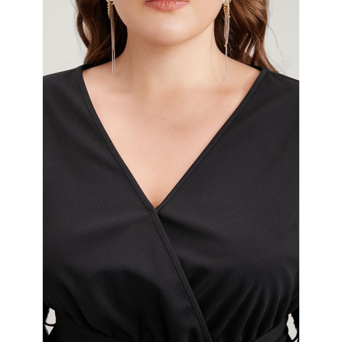 Plus Size Black Solid Sequin Belted Surplice Neck Blouse Women Party Long Sleeve V-neck Going out Blouses BloomChic 10/M Product Image