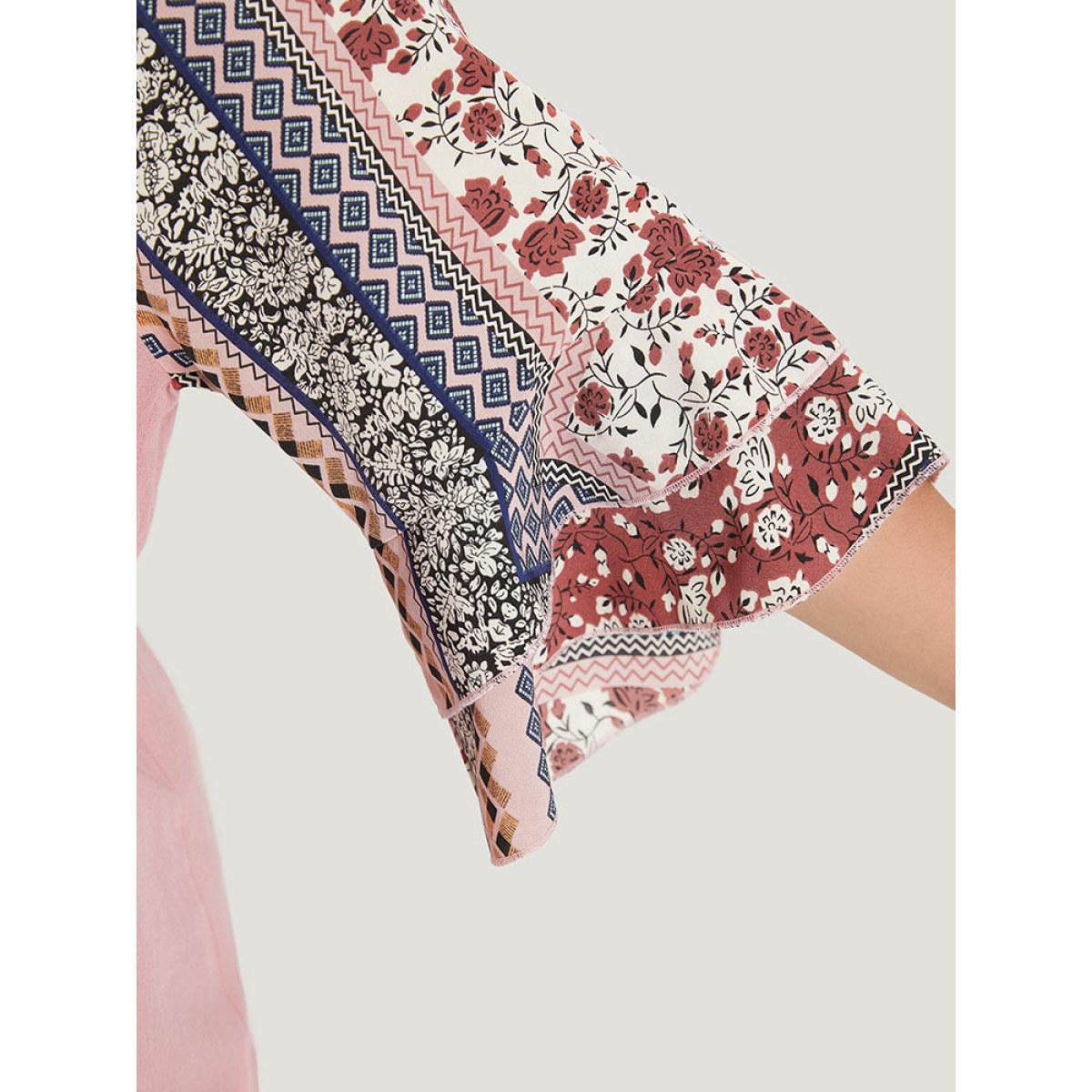 Plus Size DustyPink Bandana Patchwork Knotted Bell Sleeve Blouse Women Elegant Elbow-length sleeve Round Neck Dailywear Blouses BloomChic 30/6X Product Image