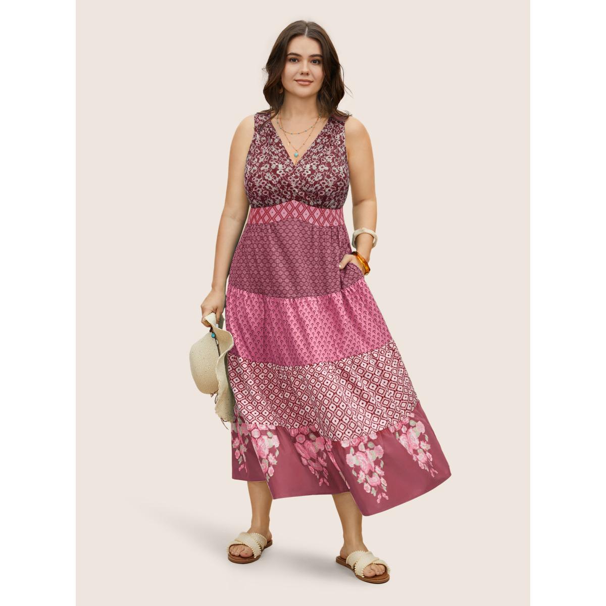 Plus Size Bandana Patchwork Floral Sleeveless Dress Beanpastepowder Women Boho Pleated V-neck Sleeveless Curvy BloomChic 30/6X Product Image