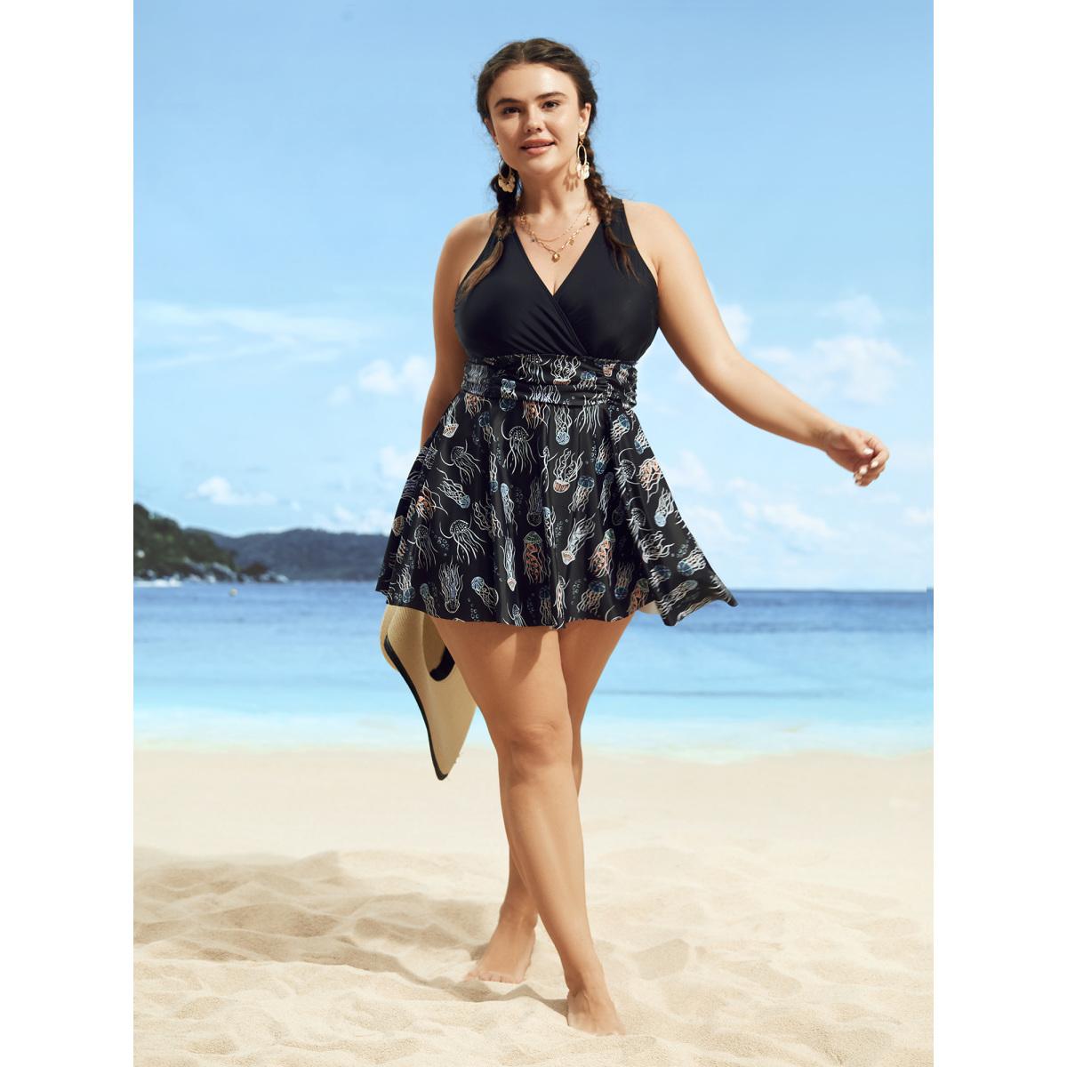 Plus Size Marine Elements Patchwork Ruched Swim Dress Women's Swimwear Black Beach Bodycon Overlap Collar High stretch Curve Swim Dresses BloomChic 10/M Product Image