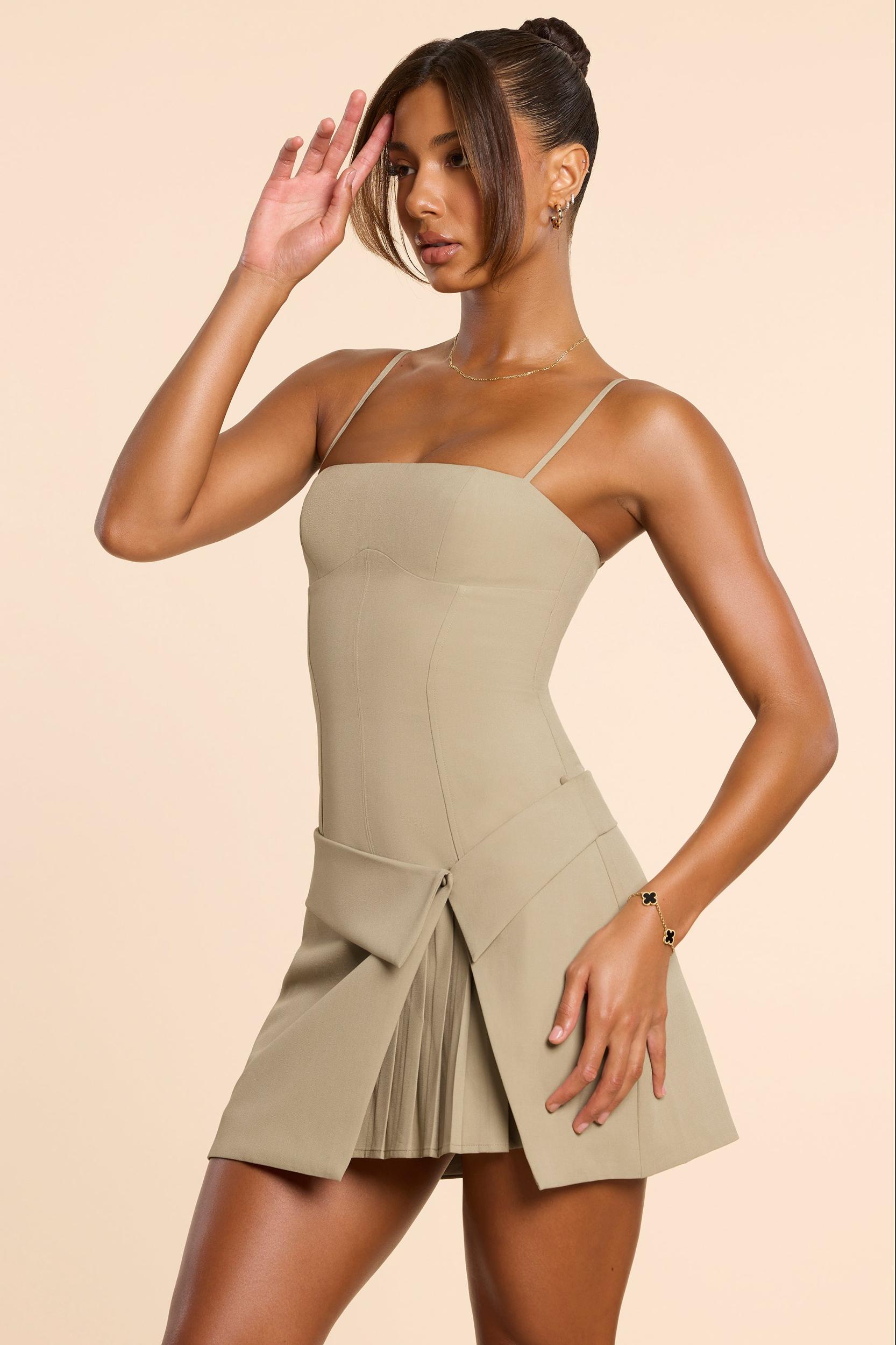 Woven Twill Wrap Over Pleated Mini Dress in Taupe Product Image