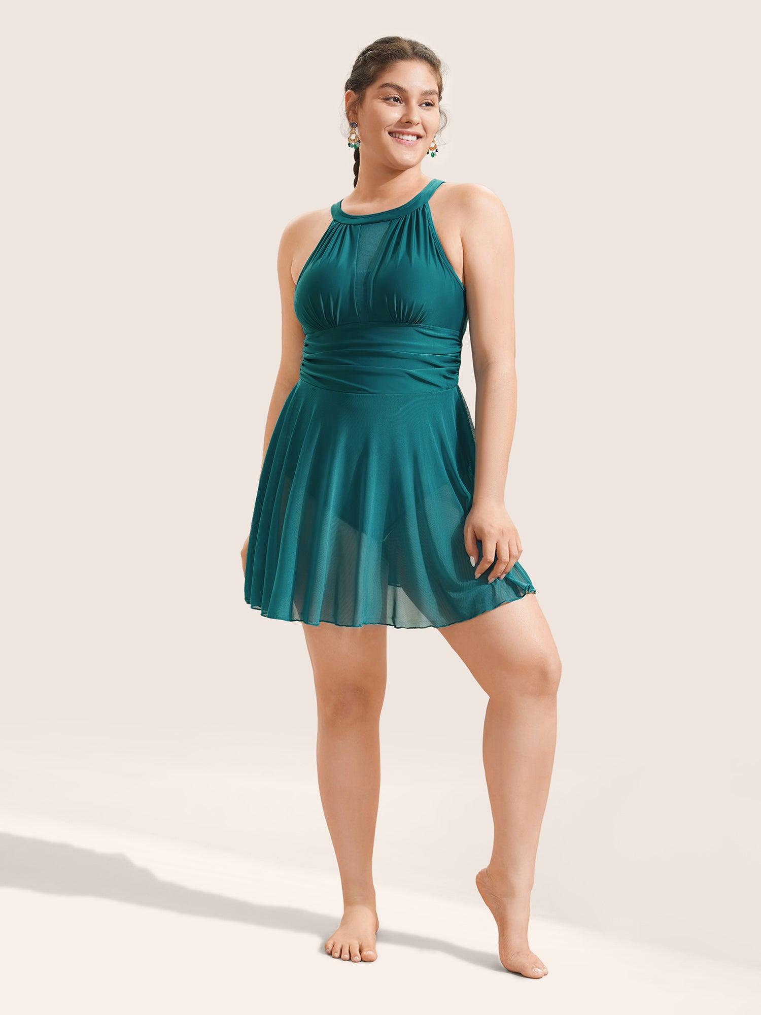 Knotted Back Mesh Insert Halter Swim Dress Female Product Image