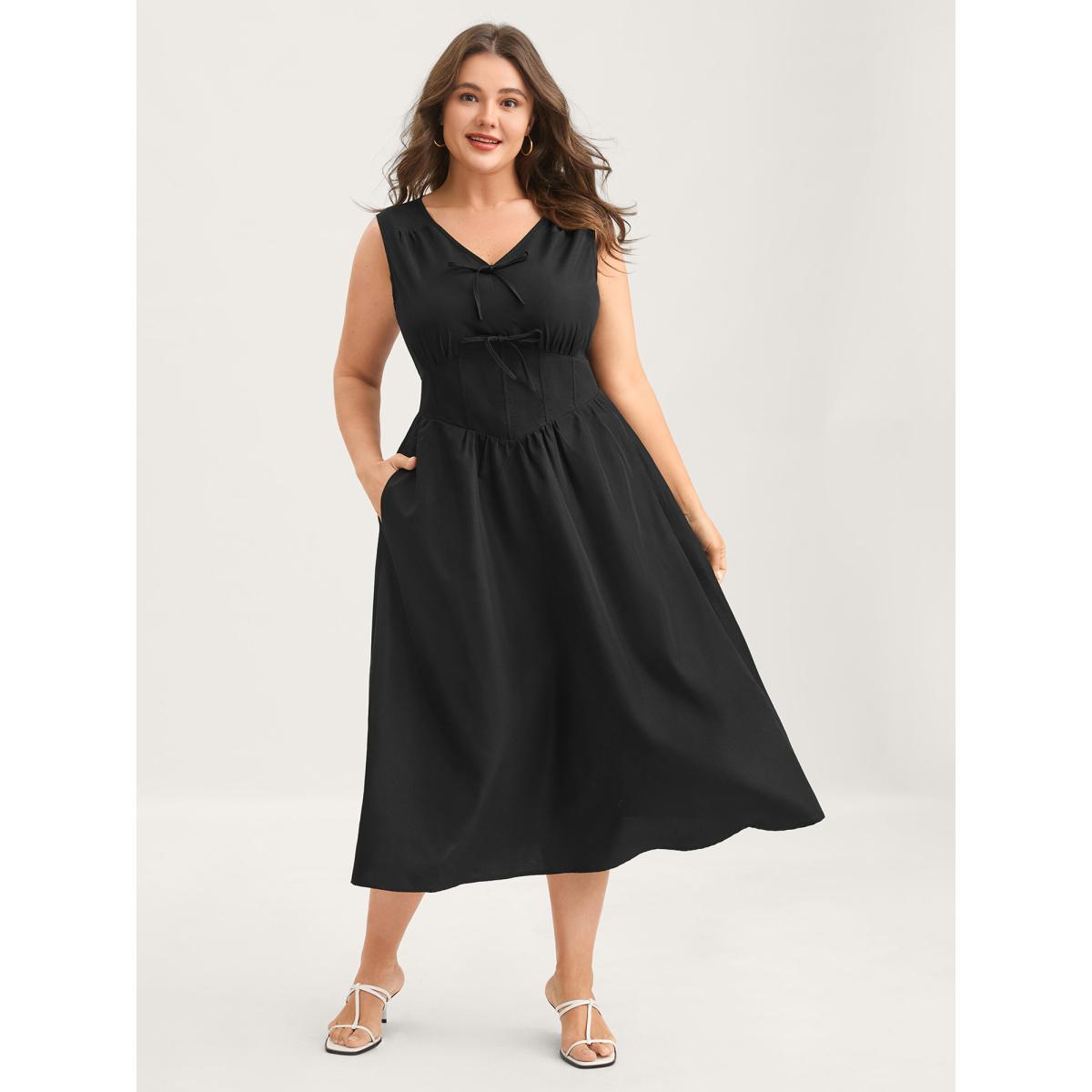 Plus Size Bow Tie Drop Waist Shirred Midi Dress Black Women Timeless Tie knot V-neck Sleeveless Curvy BloomChic 10/M Product Image