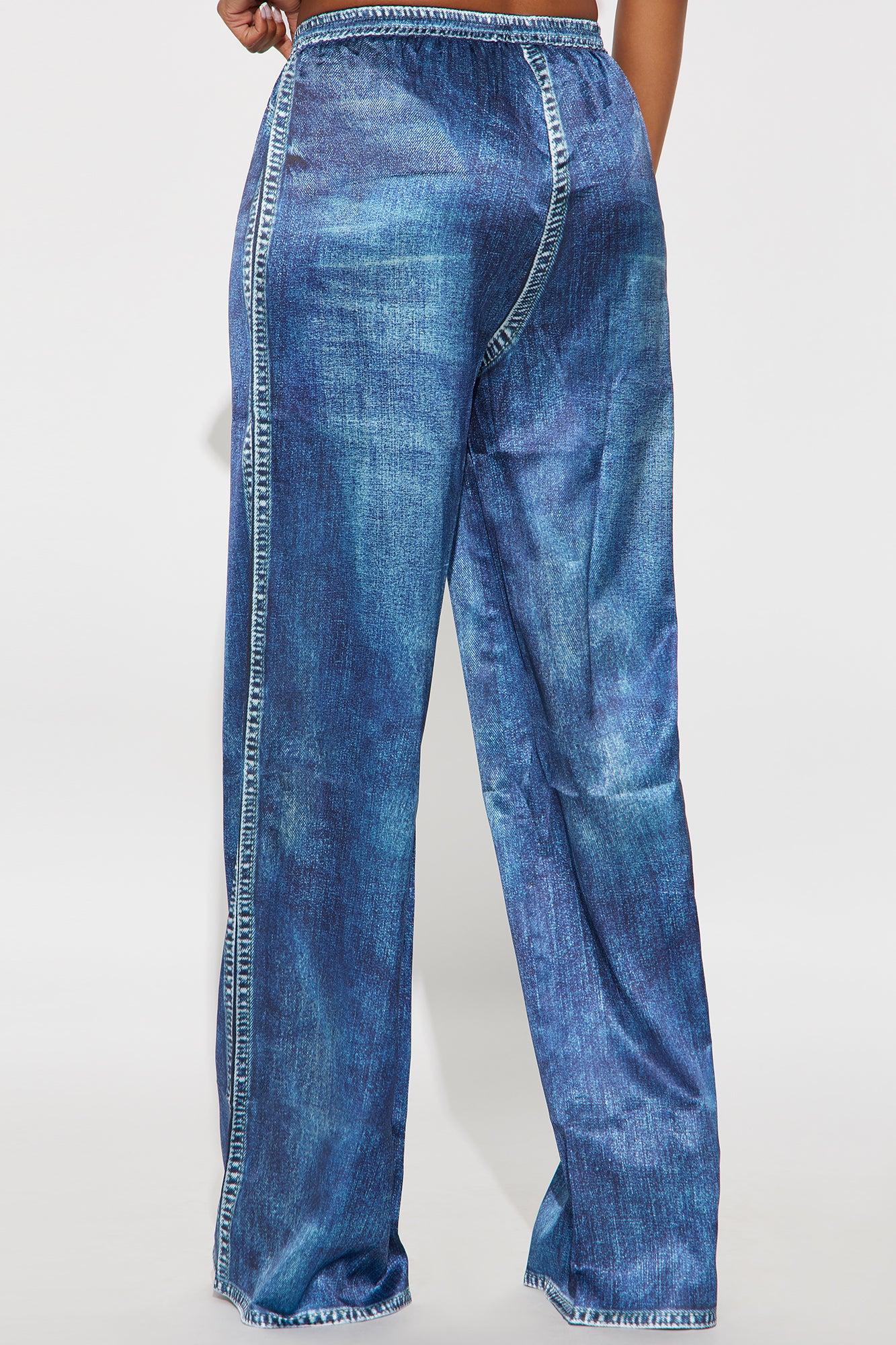 Out The Mix Denim Print Satin Pants - Blue Female Product Image