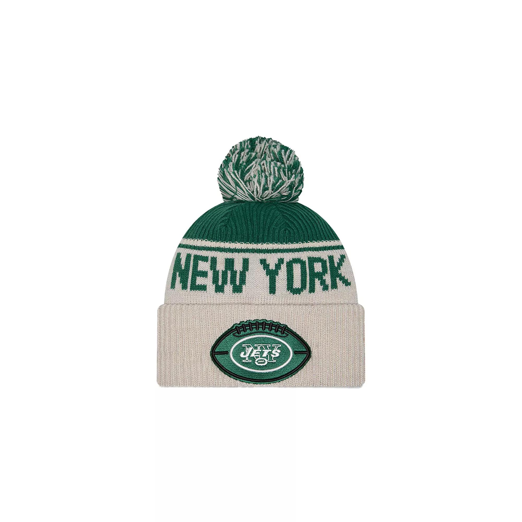 Men's New Era Stone New York Jets NFL Sideline Historic Cuffed Knit Hat with Pom, Team Product Image