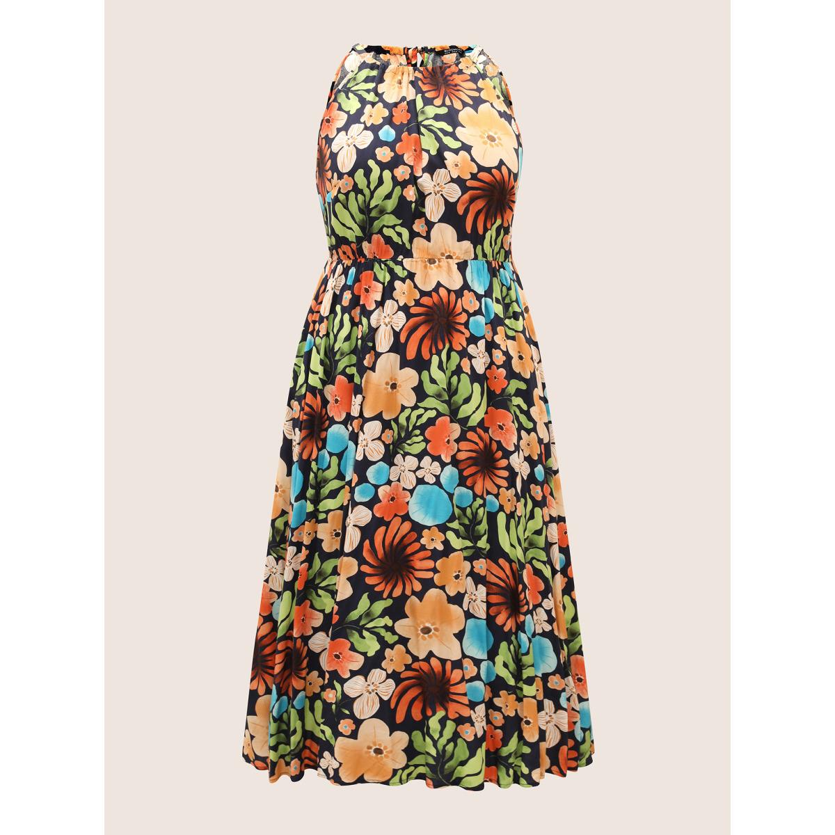 Plus Size Floral Printed Patchwork Side Seam Pocket Dress Indigo Women Resort Gathered Non Sleeveless Curvy BloomChic 26/4X Product Image